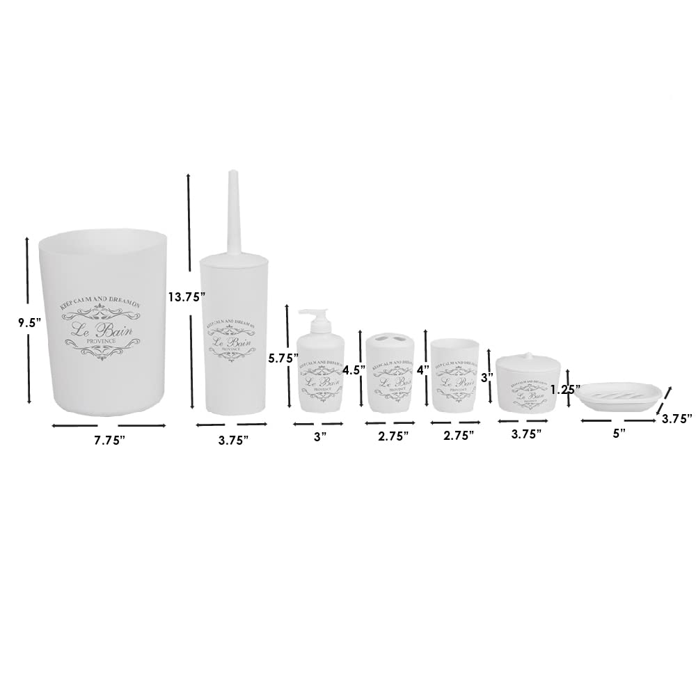 7-Piece Paris Bathroom Set (White) by Home Basics - Plastic Bathroom Accessories Kit with Tumbler, Toothbrush Holder, Soap Dish, Lotion Dispenser, Cotton Ball Holder, Toilet Brush Holder & Wastebasket - Perfect for Modern Bathroom Decor & Organization