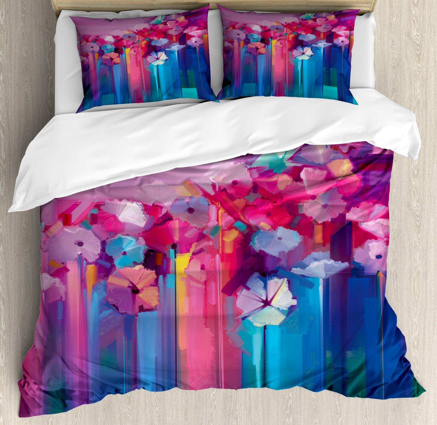 Ambesonne Gerbera Duvet Cover Set - King Size 3 Piece Bedding with Abstract Floral Oil Painting Design, Farmhouse Style Fuchsia Multicolor Duvet Cover & 2 Pillow Shams | Perfect for Master Bedroom, Guest Room & Bohemian Home Decor