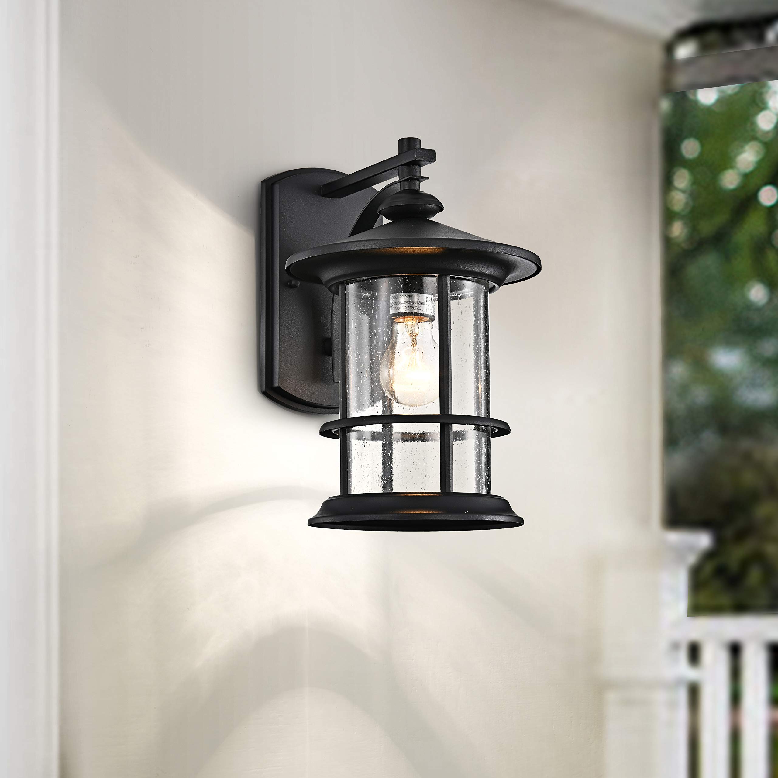 Textured Black Outdoor Wall Sconce Light with Clear Seedy Glass - 12.5 Inch Large Exterior Lighting Fixture for House, Front Porch, Patio, Backyard - Perfect for Ambient Lighting and Enhancing Curb Appeal