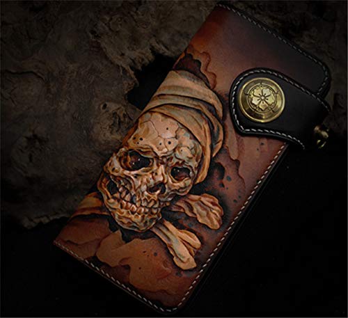 Handcrafted 3D Genuine Leather Biker Wallet for Men - Custom Engraved & Hand-Painted Long Wallet with Skull Design - Perfect for Motorcycle Riders, Truckers & Gift Giving