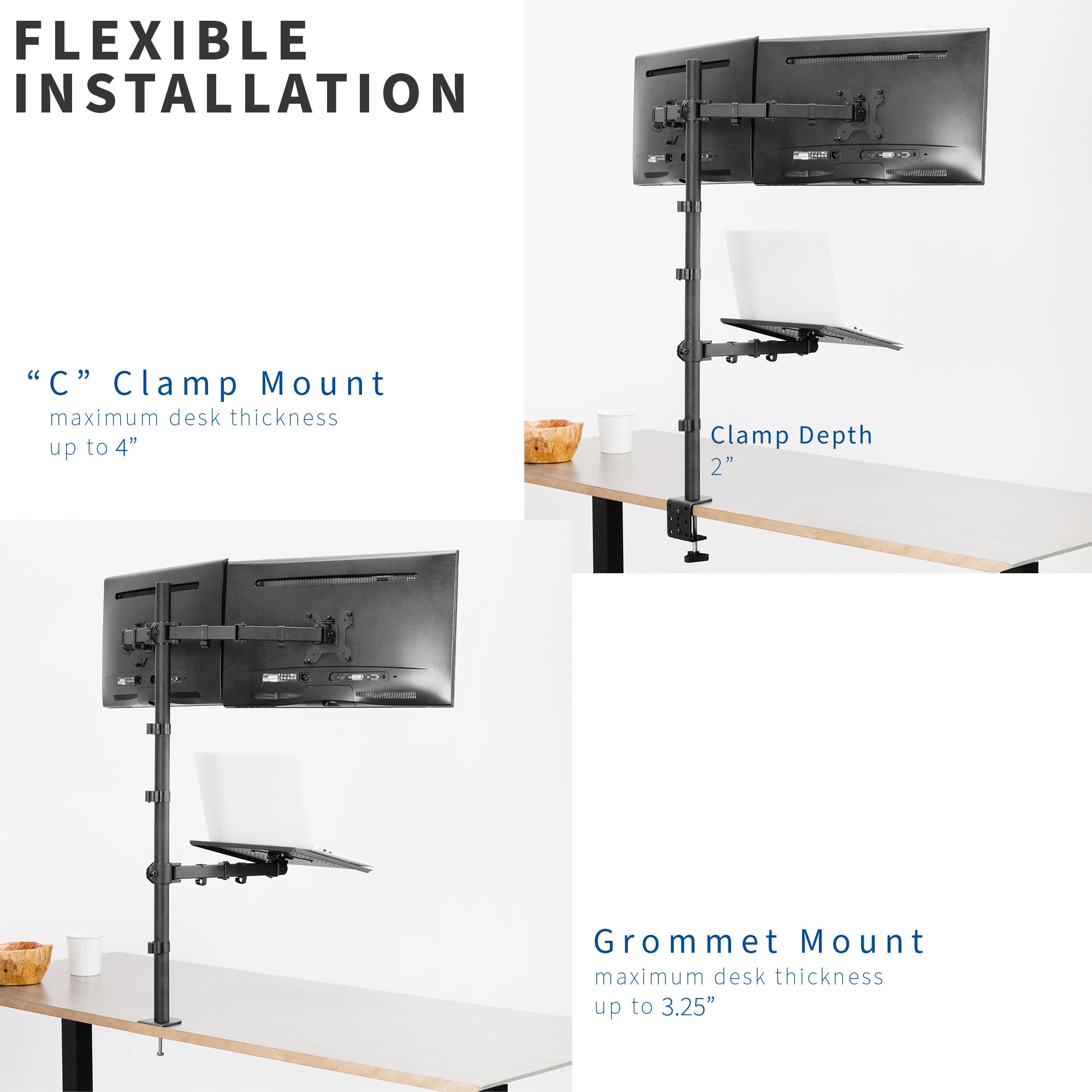 Dual Monitor Stand with Laptop Holder - Adjustable Extra Tall Desk Mount for Home Office Setup, Ergonomic Computer Screen Arm for Dual Workstation - Perfect for Gaming, Coding & Remote Work
