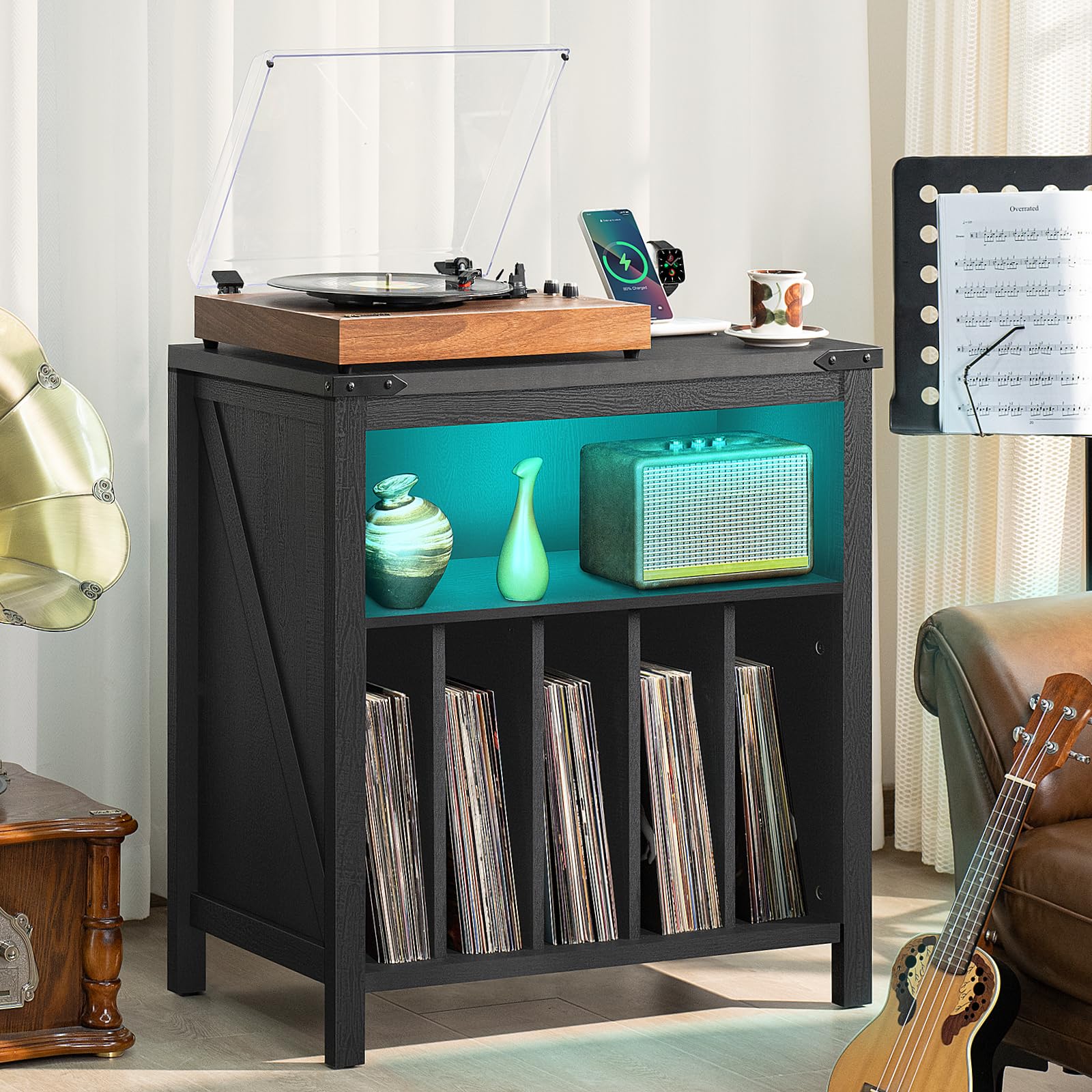 Large Vinyl Record Player Stand with USB Charging Station & LED Lights - Holds 230+ Albums, Turntable Storage Holder with Display Shelf - Perfect for Music Room, Bedroom, Living Room DJ Setup & Vinyl Collection Display
