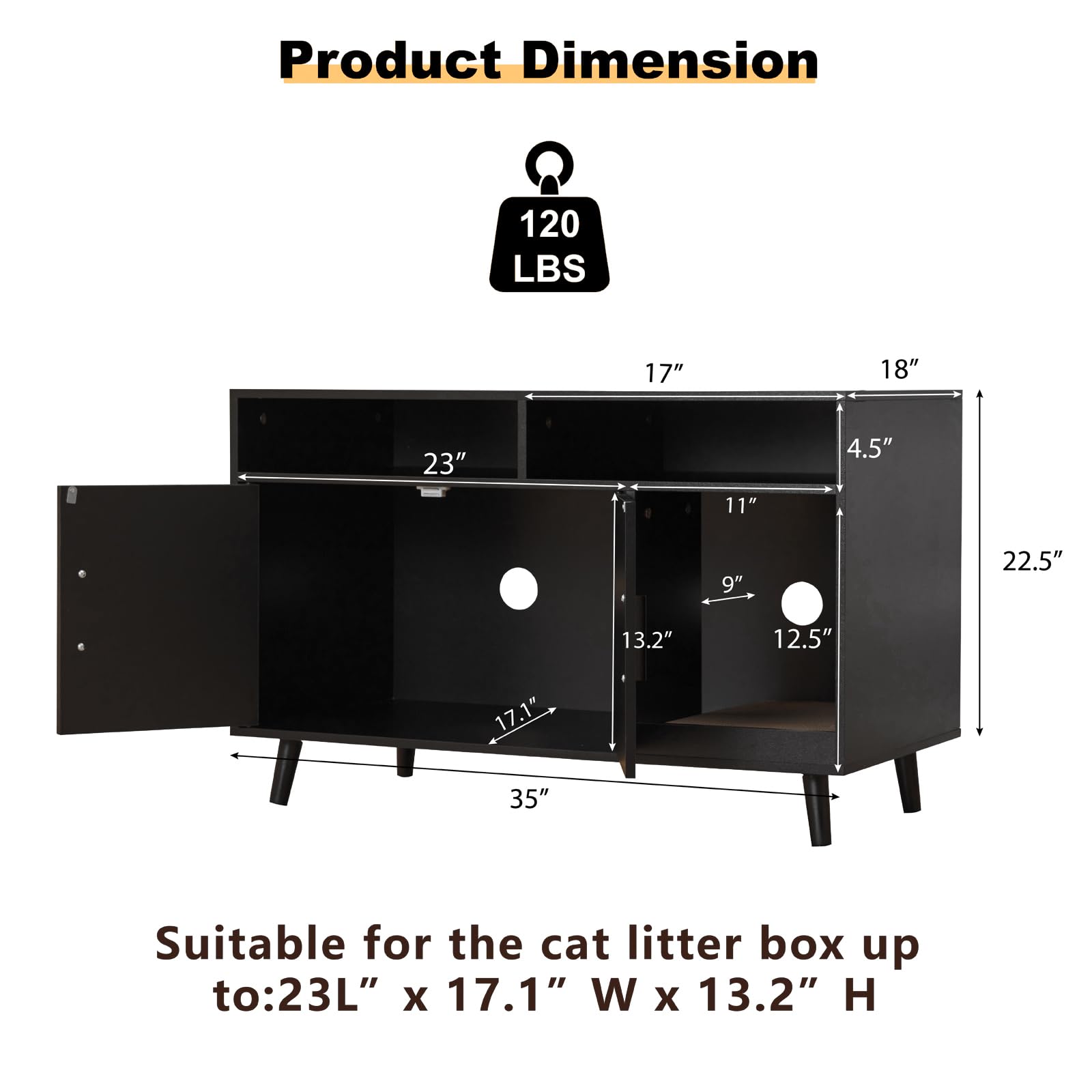 Mdeam Hidden Cat Litter Box Enclosure Furniture - 2-Door Storage Cabinet with Front Entry, 2 Compartments & Built-in Cat Scratcher - Wooden Cat House Side End Table with Air Vents (Black) | Perfect for Living Room, Bedroom or Office to Disguise Litter Box & Save Space