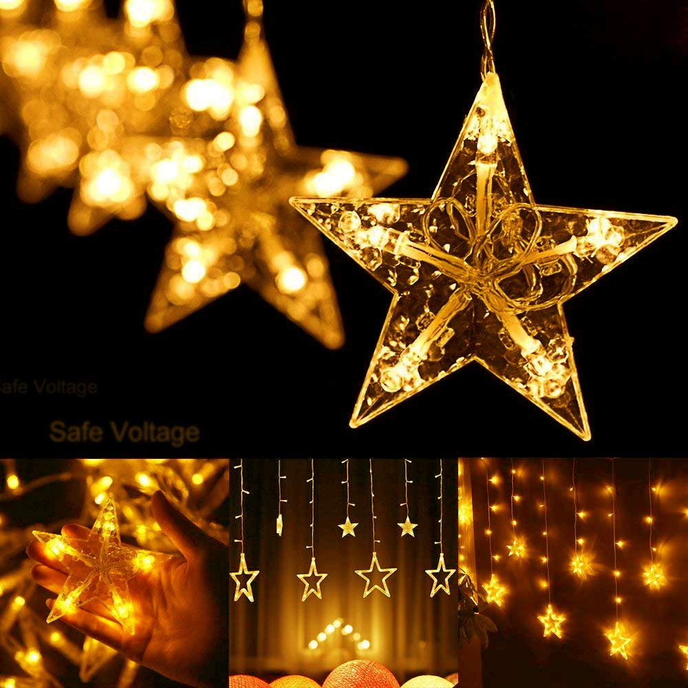 Quntis 138LEDs 12 Star Connectable Christmas Curtain Lights - 6.6ft LED String Lights with 8 Flashing Modes, Warm White Indoor/Outdoor Decorative Lighting for Bedroom, Window, Diwali, Christmas, Wedding, Party & Garden Decor