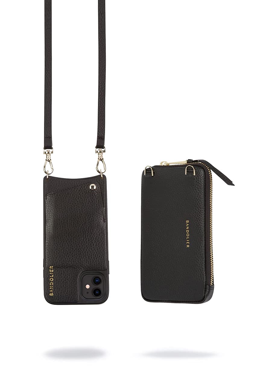 Emma Crossbody Bag with Expandable Zip Pouch for iPhone 12 Pro Max - Black & Gold Leather Phone Purse - Perfect for Travel, Shopping & Everyday Use