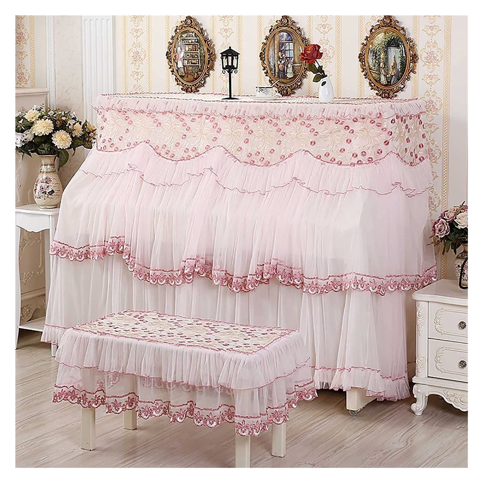 Premium Universal Piano Cover with High-Grade Lace Embroidery - Full Protection for Upright Pianos & Matching Stools (Single/Double Stool Options) - Perfect for Home Decor, Music Studios, and Piano Protection