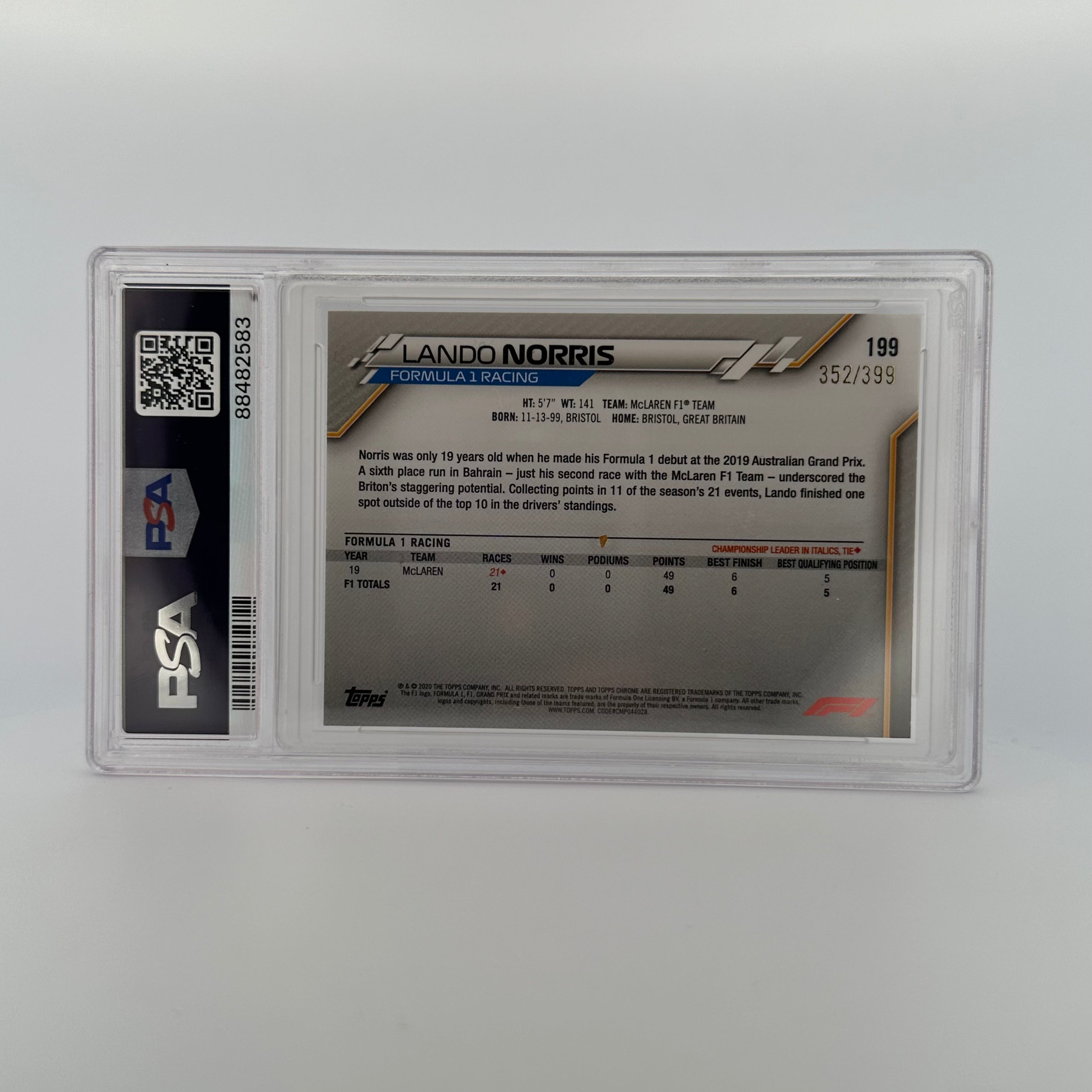 PSA 8 Lando Norris #199 352/399 Purple Refractor Rookie Card - Rare Collectible for F1 Racing Fans & Sports Memorabilia Enthusiasts