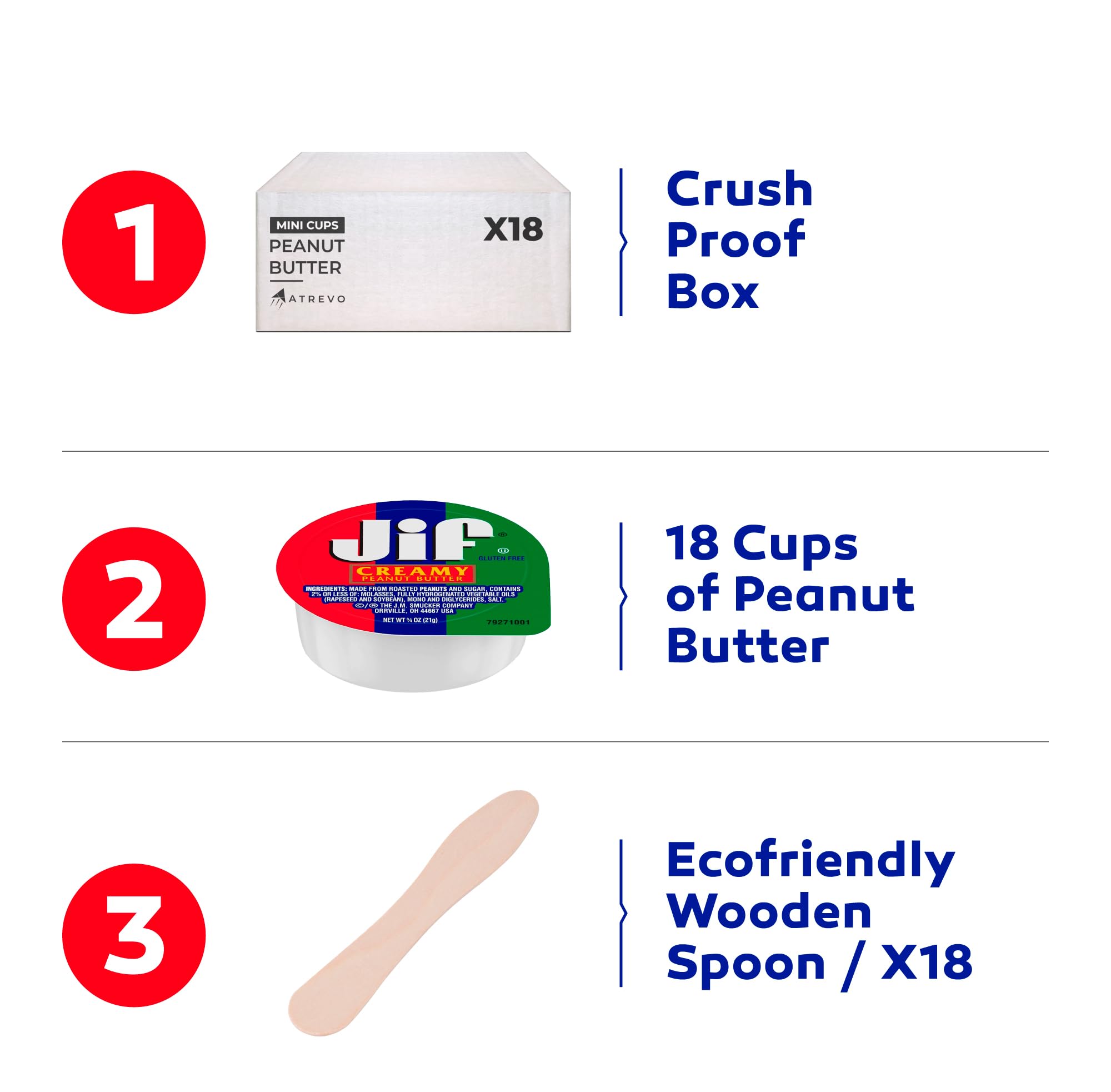 Natural Creamy Peanut Butter Snack Cups - Pack of 18 (¾ Oz Each, 122 Calories) | Perfect Portion Control for Kids & Adults | Includes 18 Eco-Friendly Wooden Spoons | Ideal for School Lunches, Office Snacks, Hiking & On-the-Go Nutrition | ATREVO Bundle