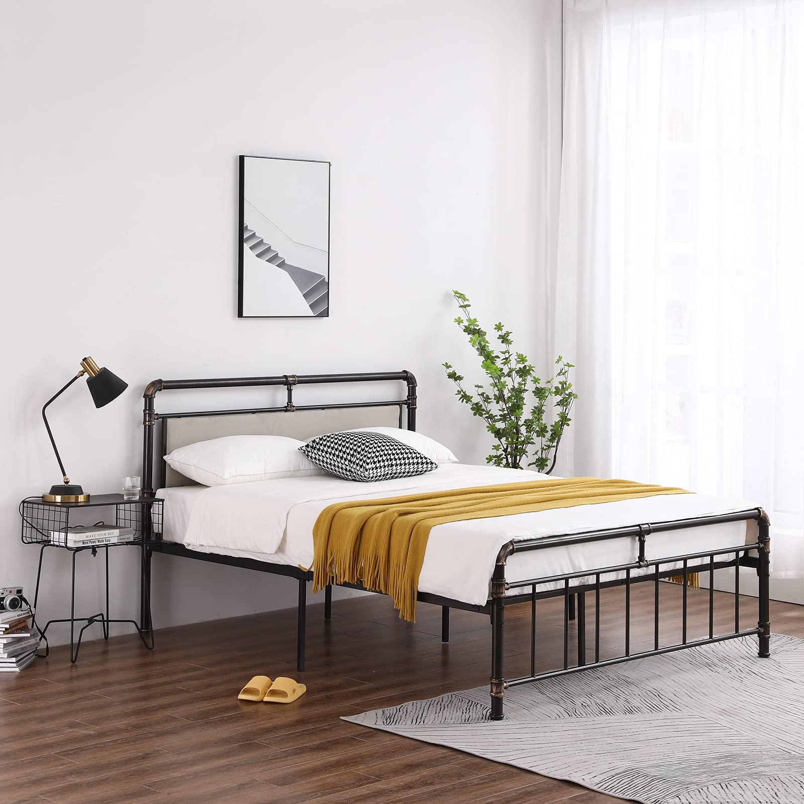 Queen Size Bed Frame with Headboard - Black Iron Platform Bed with Soft Bag Pull Buckle & Gold Accents for Bedroom, Guest Room or Dorm | Sturdy Metal Bed Base with Standpipe Design