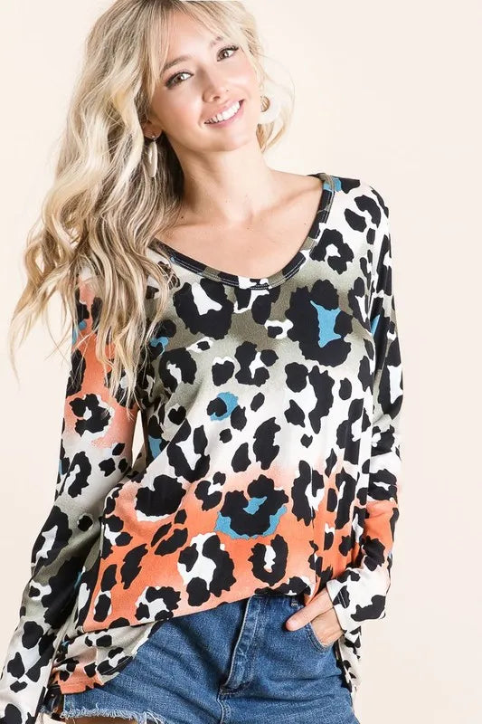 Bibi Gradation Leopard Print Soft Knit Deep U Neck T-Shirt - Rust/Olive Color Women's Casual Top for Fall Outfits & Date Nights