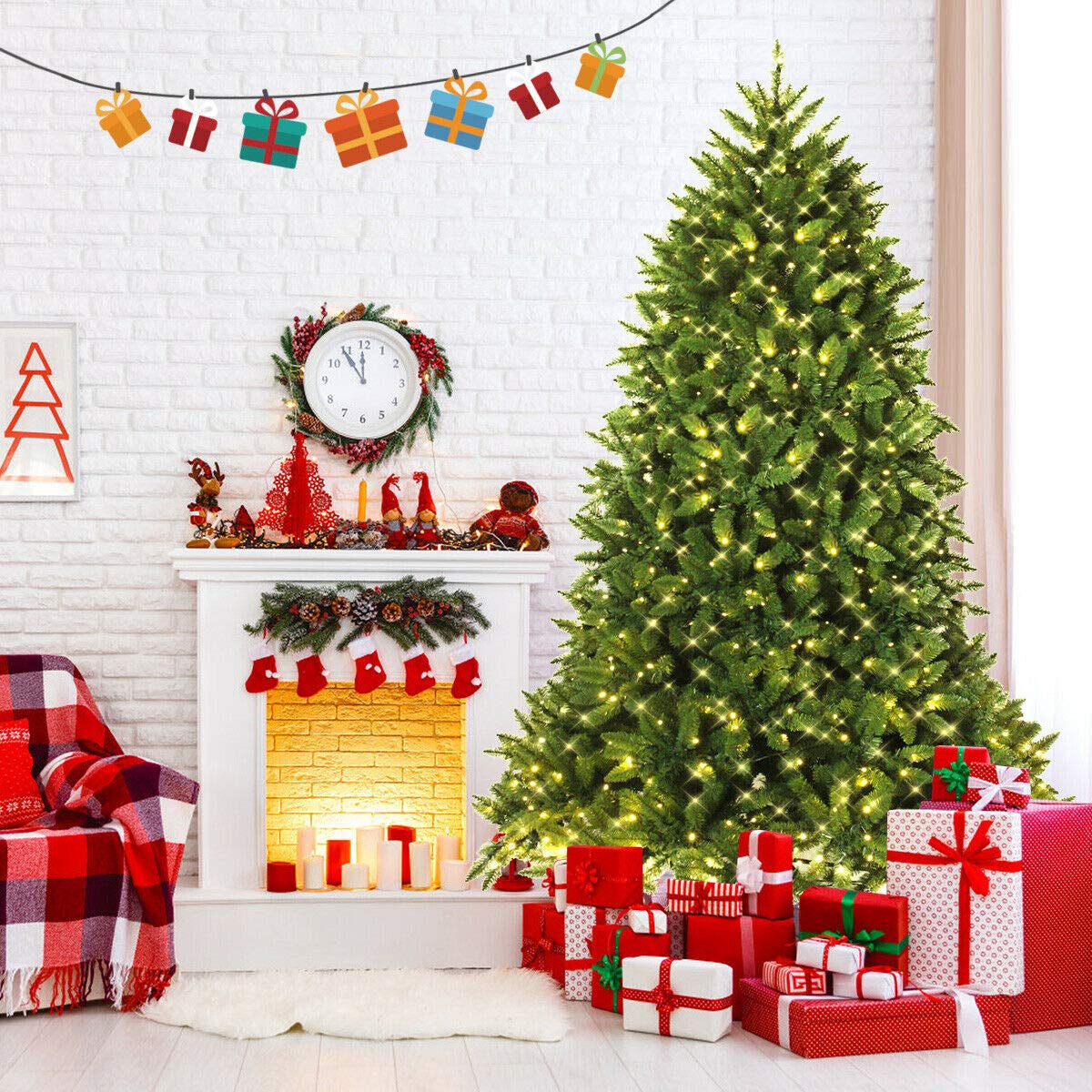 Goplus 7.5ft Pre-Lit Christmas Tree with 600 LED Lights - Premium Hinged Artificial Fir Tree with Metal Stand - Easy Assembly Holiday Decor for Home, Office & Party Decorations