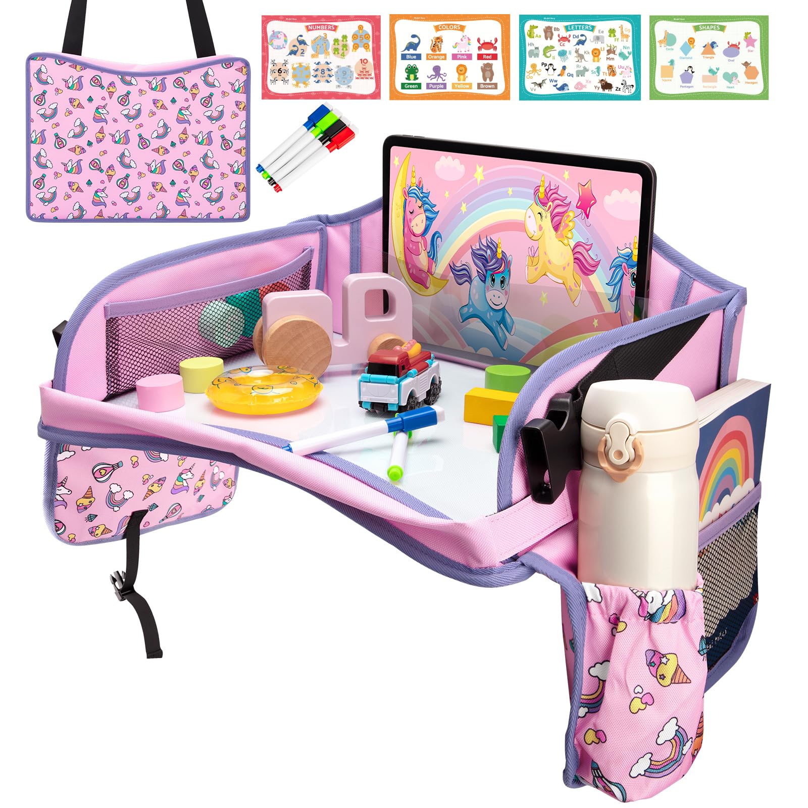 Blissful Diary Kids Travel Tray for Car Seat - Toddler Road Trip Essentials with Drawing Kit & Snack Holder - Portable Car Seat Tray for Children Travel - Perfect for Long Trips, Airplanes & Keeping Kids Entertained - Pink