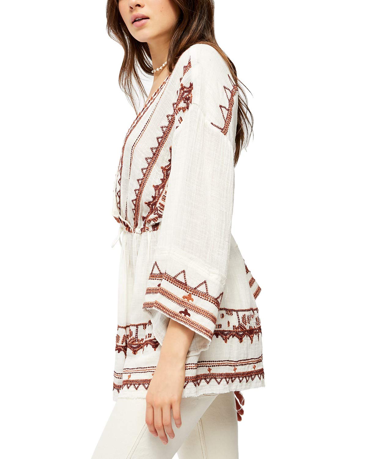Free People Saffron Embroidered Bohemian Tunic Top - Medium (M) | Flowy Women's Blouse for Casual Wear, Beach Cover-Up & Festival Outfits