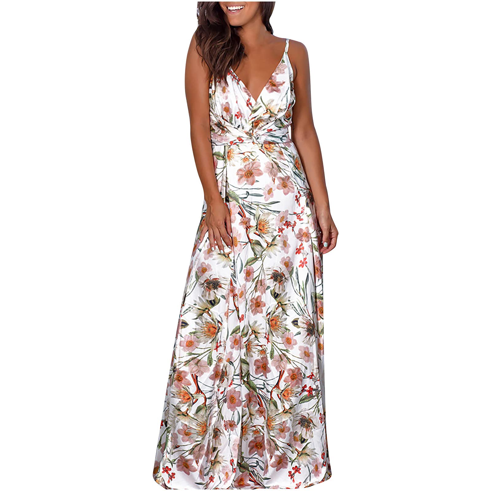 BoomDDD Women's Bohemian Floral Print Spaghetti Strap Sundress - Deep V Neck Sleeveless Summer Beach Dress for Outdoor Parties, Vacations & Casual Wear