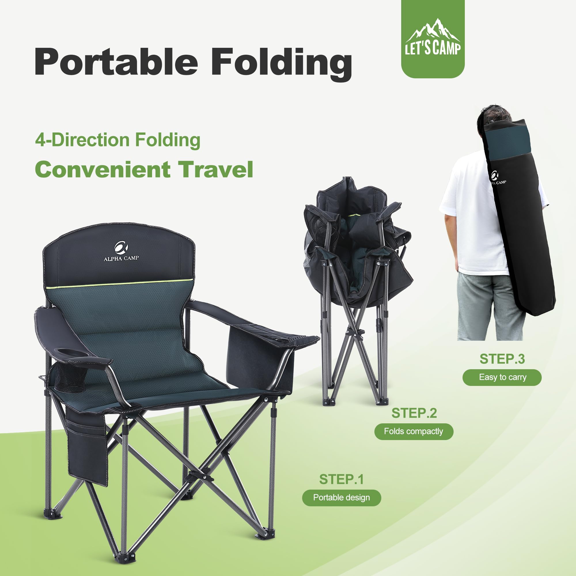 Oversized Folding Camping Chair Heavy Duty 450LBS Capacity - Portable Outdoor Padded Lawn Chair with Cup Holder, Storage Pocket & Cooler Bag - 2 Pack Green - Perfect for Camping, Travel, Picnics, Beach, Backyard & Outdoor Events