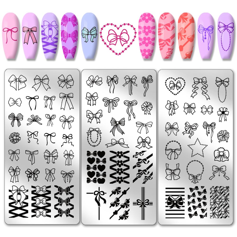 PH PandaHall 66 Patterns Bow Nail Stamper Kit - 3pcs Stainless Steel Nail Stamping Plates with Cute Bowknot Designs for Professional Nail Art, DIY Manicure & Salon Use | Perfect for Nail Design Printing, Home Nail Care & Gift Giving