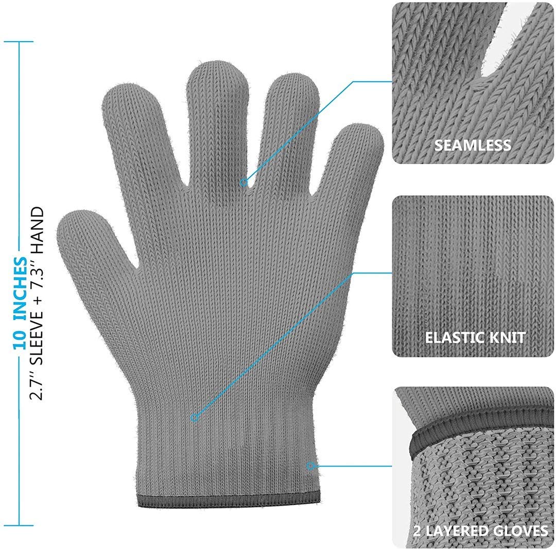 Heat Resistant Oven Gloves - 1 Pair Grey Cotton Kitchen Mitts with Fingers for Cooking, Baking & Grilling - Double Layer Pot Holders for Hot Pans, BBQ & Baking Tray Handling