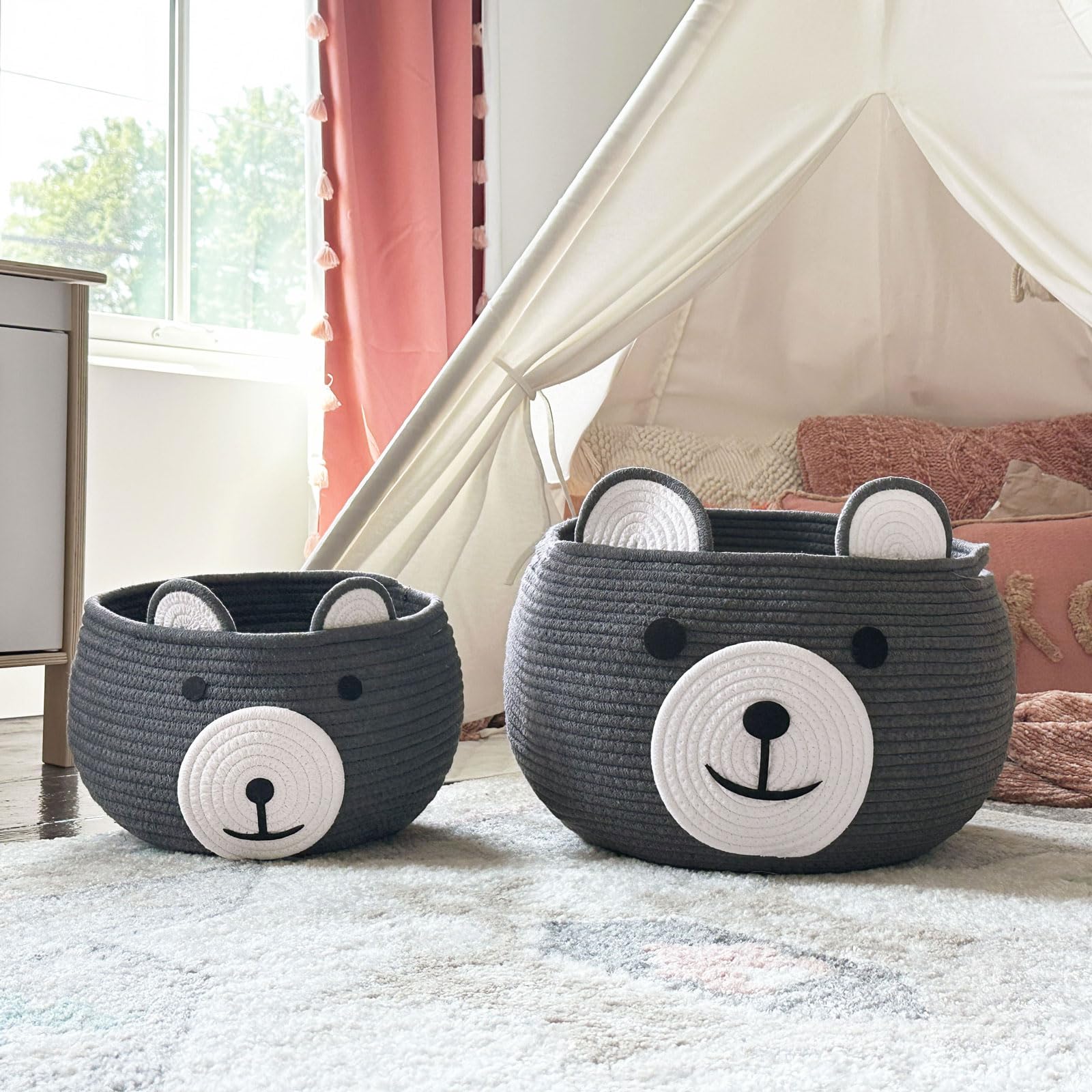 CherryNow Baby Basket - Nursery Bear Gift Basket for Kids & Baby Showers - Grey Cotton Rope Storage for Toys & Essentials