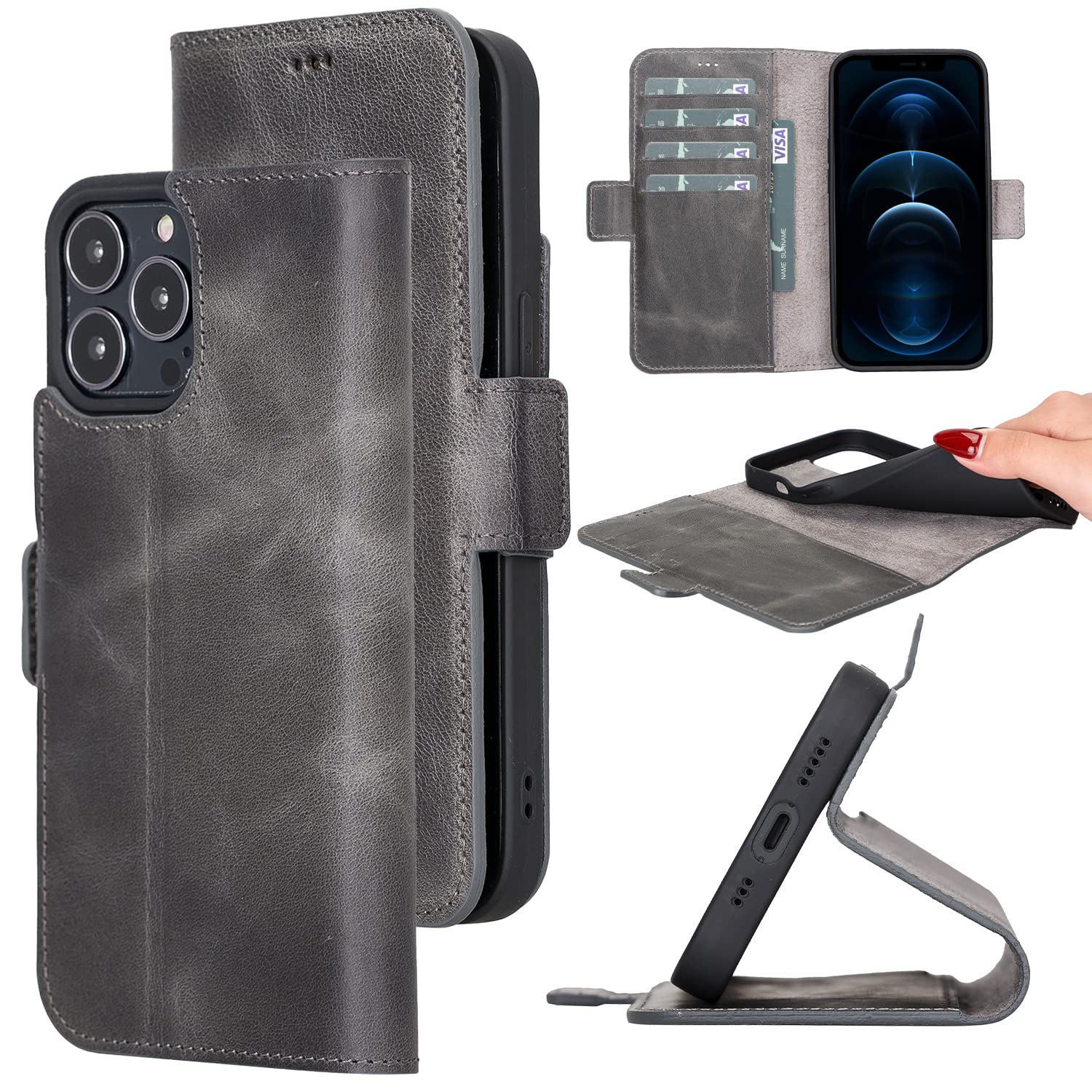 Bayelon Premium Full Grain Leather Wallet Case for iPhone 13 Pro Max - Magnetic Flip Cover with Card Slots, Kickstand & RFID Protection | Slim Protective Phone Case with ID Holder | Perfect for Business, Travel & Daily Use (Smoked Black)