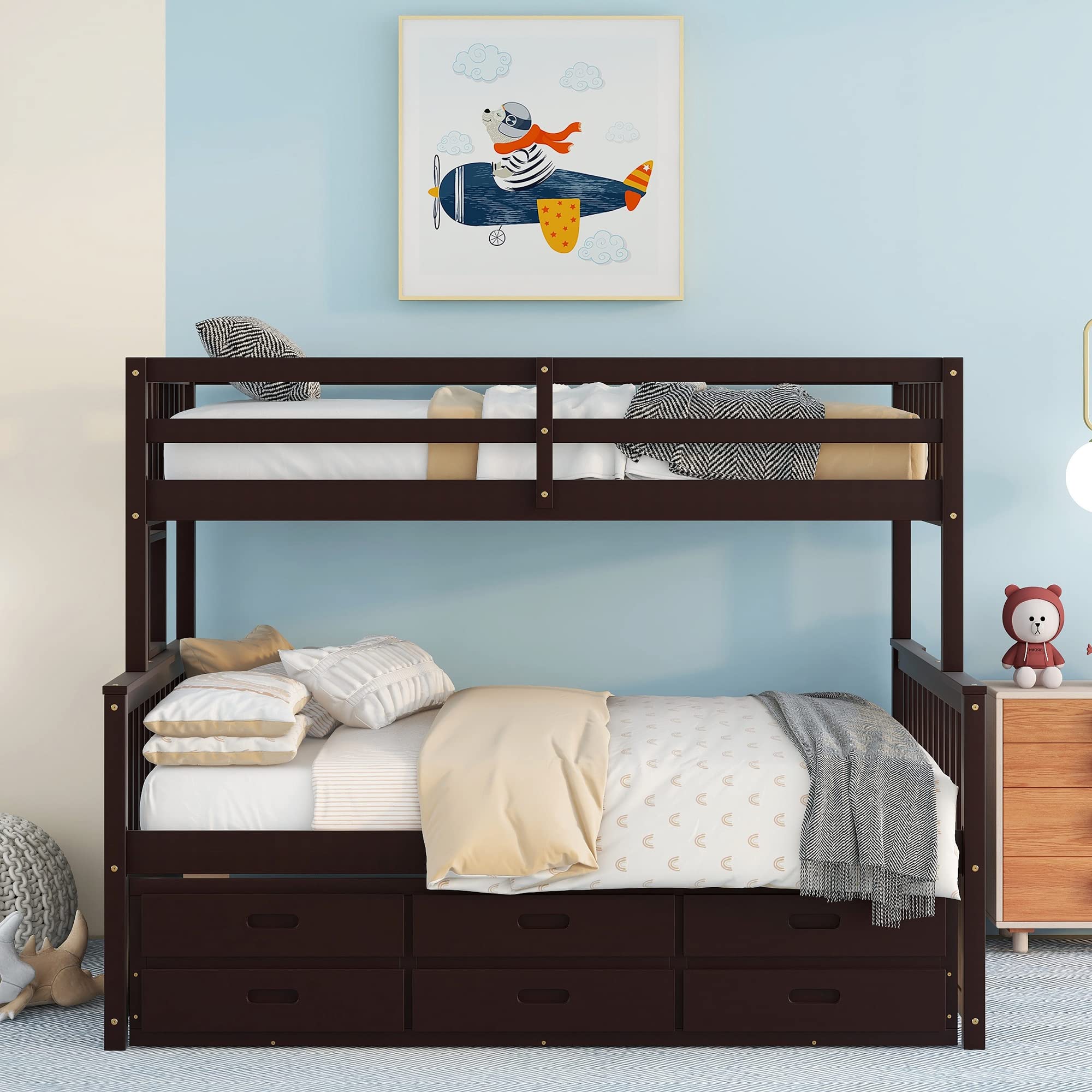 Harper & Bright Twin Over Full Bunk Bed with Trundle & Drawers - Convertible Wood Bed Frame for Kids & Teens - Space-Saving for Small Bedrooms