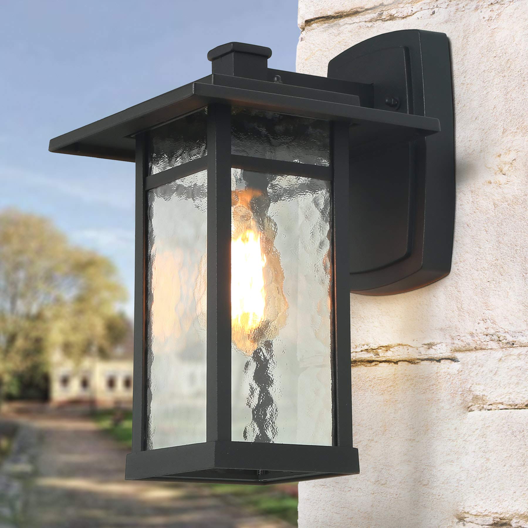 LOG BARN Black Large Outdoor Wall Lantern with Water Glass - Weatherproof Exterior Light Fixture for House Porch, Patio, Garden & Entryway Lighting