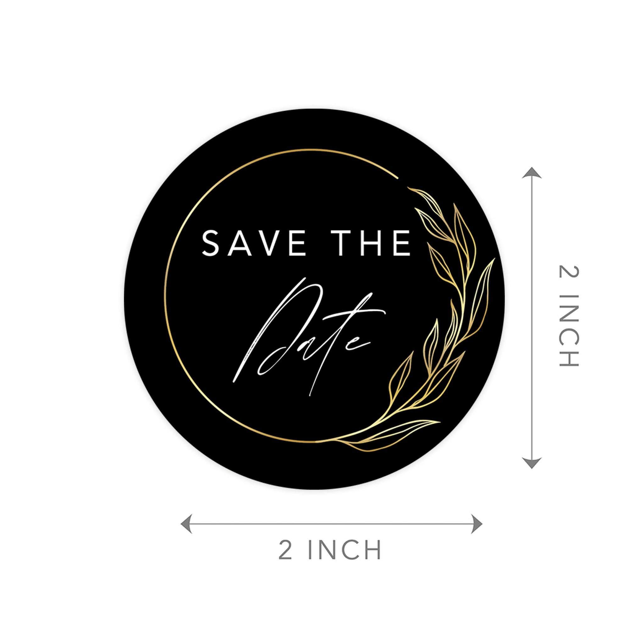 Save The Date Stickers - 2 Inch Round Wedding Seals with Black & Gold Leaf Frame Design (120-Pack) for Invitations, Envelopes & Stationery - Perfect for DIY Wedding Planning & Bridal Shower Decorations