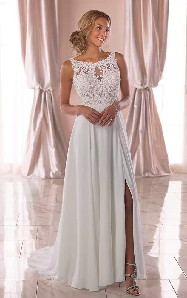 Elegant Chiffon Lace Wedding Dress for Bride - A-Line Beach Bridal Gown with Long Train & Side Split | Perfect for Beach Weddings, Outdoor Ceremonies & Romantic Photoshoots