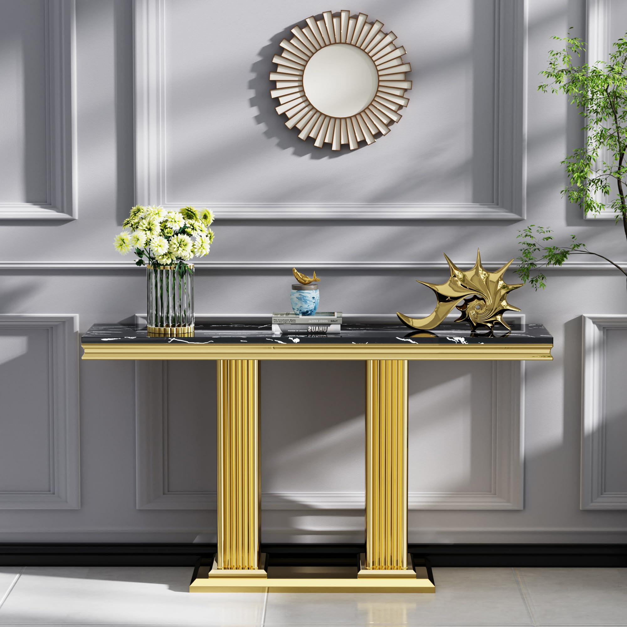 3-Piece Modern Faux Marble Coffee Table Set - Black & Gold Living Room Table Set with Stainless Steel Column Base (Coffee Table, Console Table, End Table) for Home Office, Lounge & Reception Areas