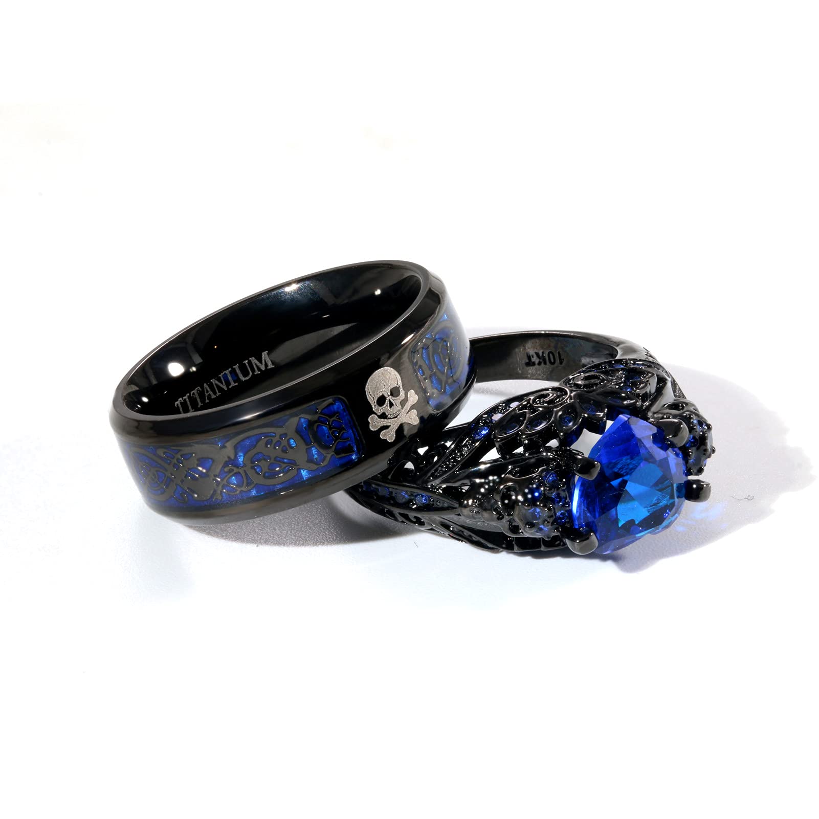 His and Hers Matching Skull Couple Rings - Gothic Punk Titanium Steel Wedding Bands for Men & Women with Heart Red CZ Stones - Perfect for Valentine's Day, Anniversary Gifts, and Alternative Wedding Jewelry