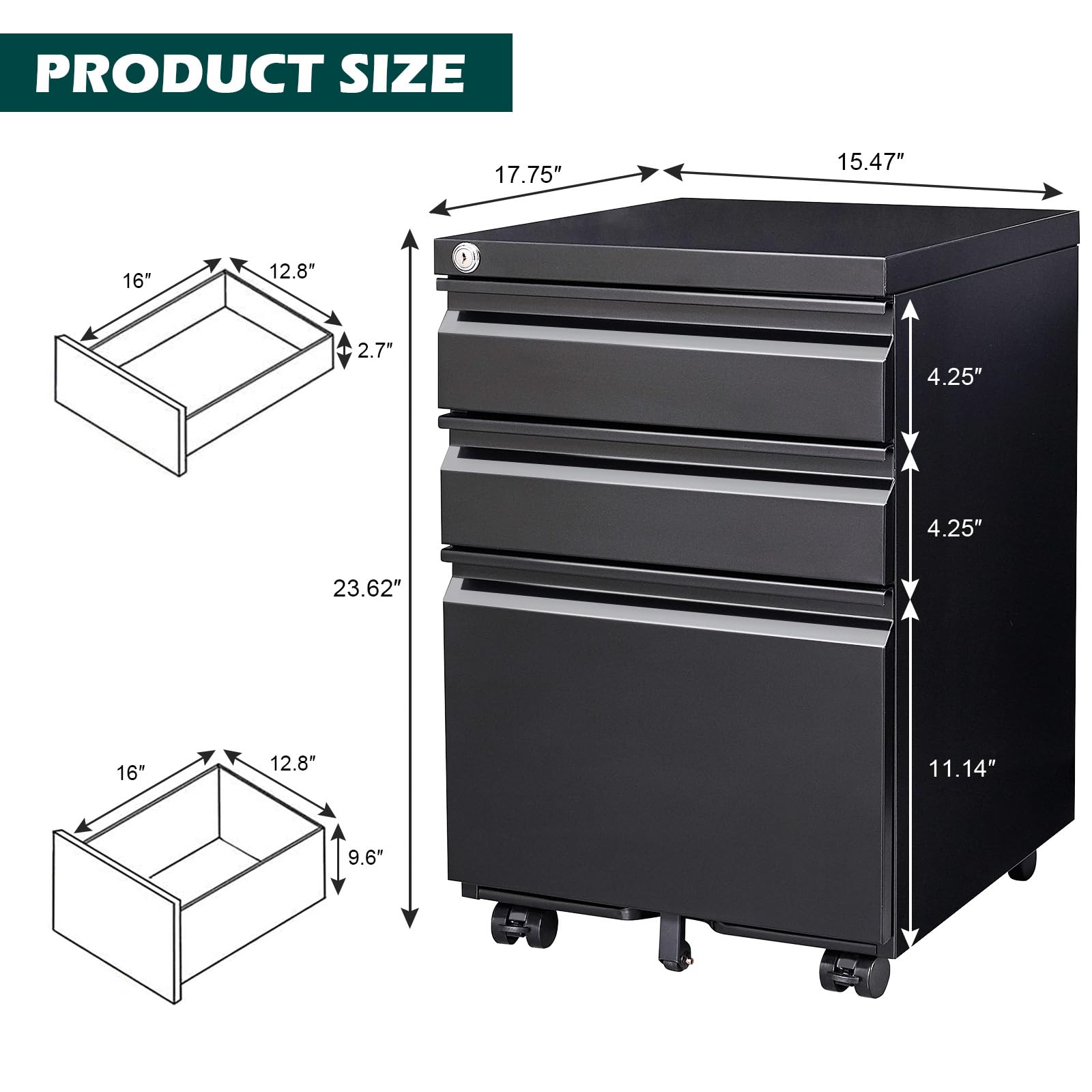 3 Drawer Mobile File Cabinet with Lock & Wheels - Anti-Tip Metal Vertical Rolling File Organizer for Letter/Legal Size Documents - Perfect for Home Office, School, or Workplace Storage (Black)