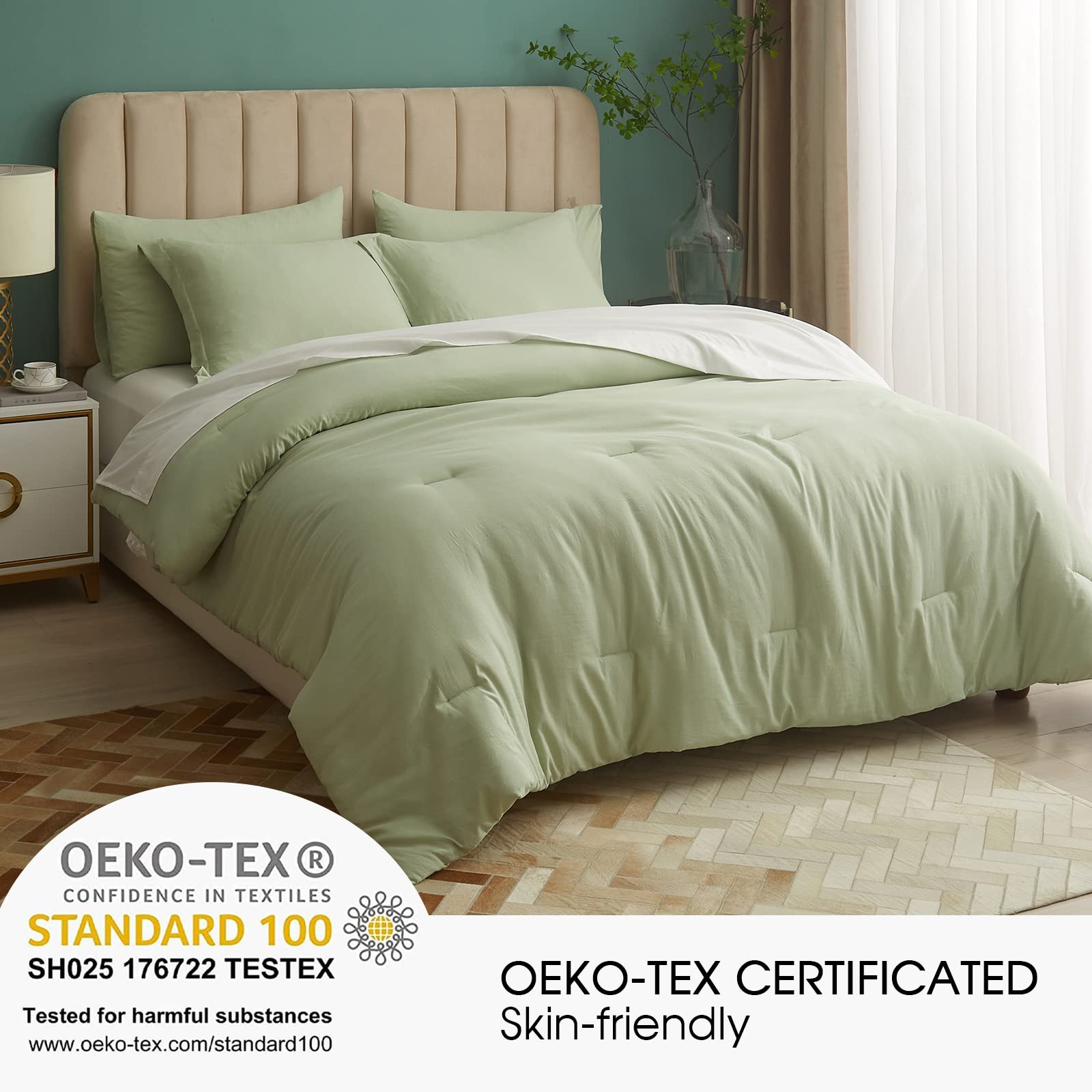 HYPREST 7-Piece King Size Bed in a Bag Comforter Set with Sheets - Sage Green Luxury Bedding, Soft Cooling Lightweight Duvet Cover (Oeko-Tex Certified) for Master Bedroom, Guest Room & Vacation Homes