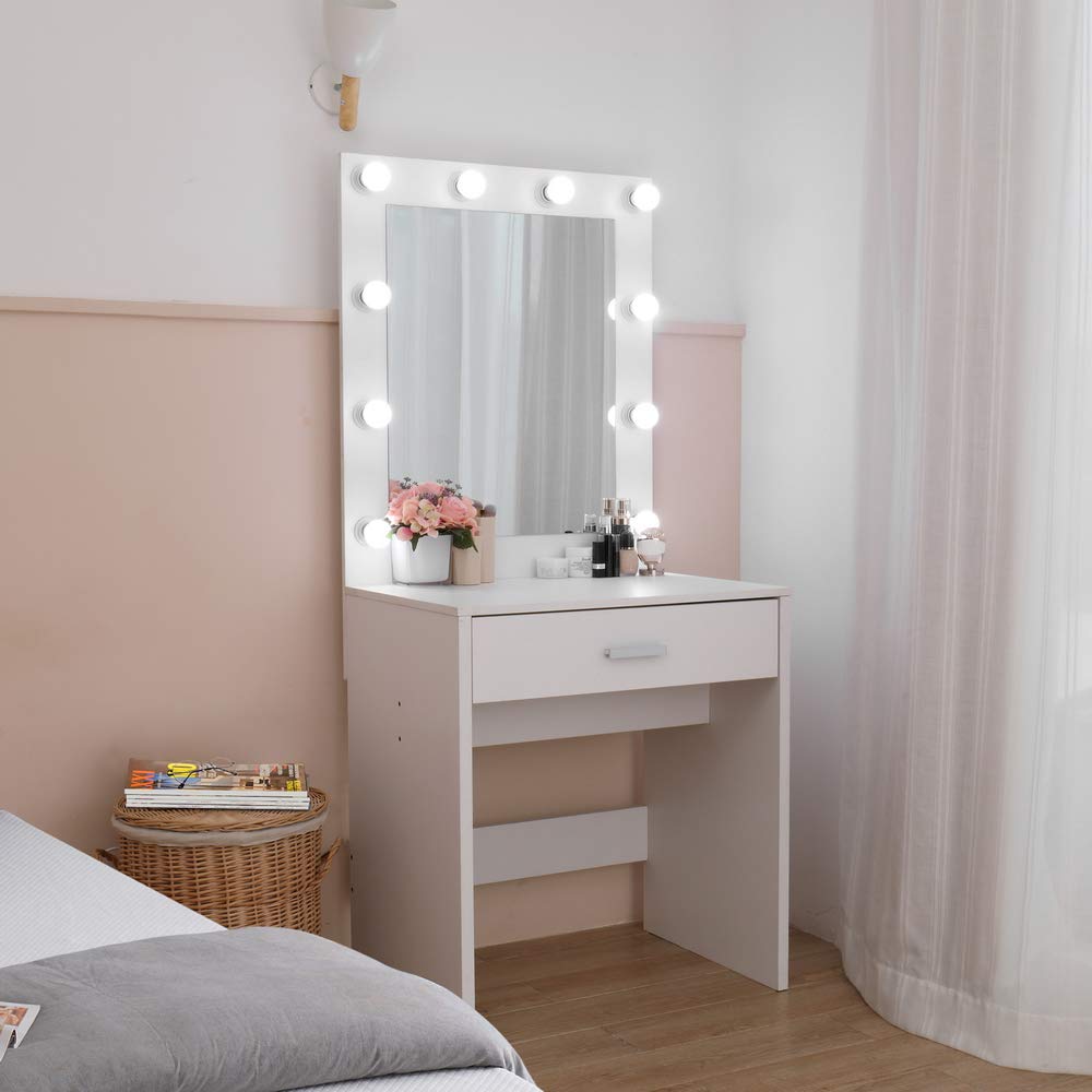 GBB Single Drawer Vanity Table with LED Lights & Large Mirror - White Makeup Dressing Table for Bedroom, Home Office, Hair Salon & Studio - Perfect for Daily Makeup, Skincare Routine & Professional Beauty Services