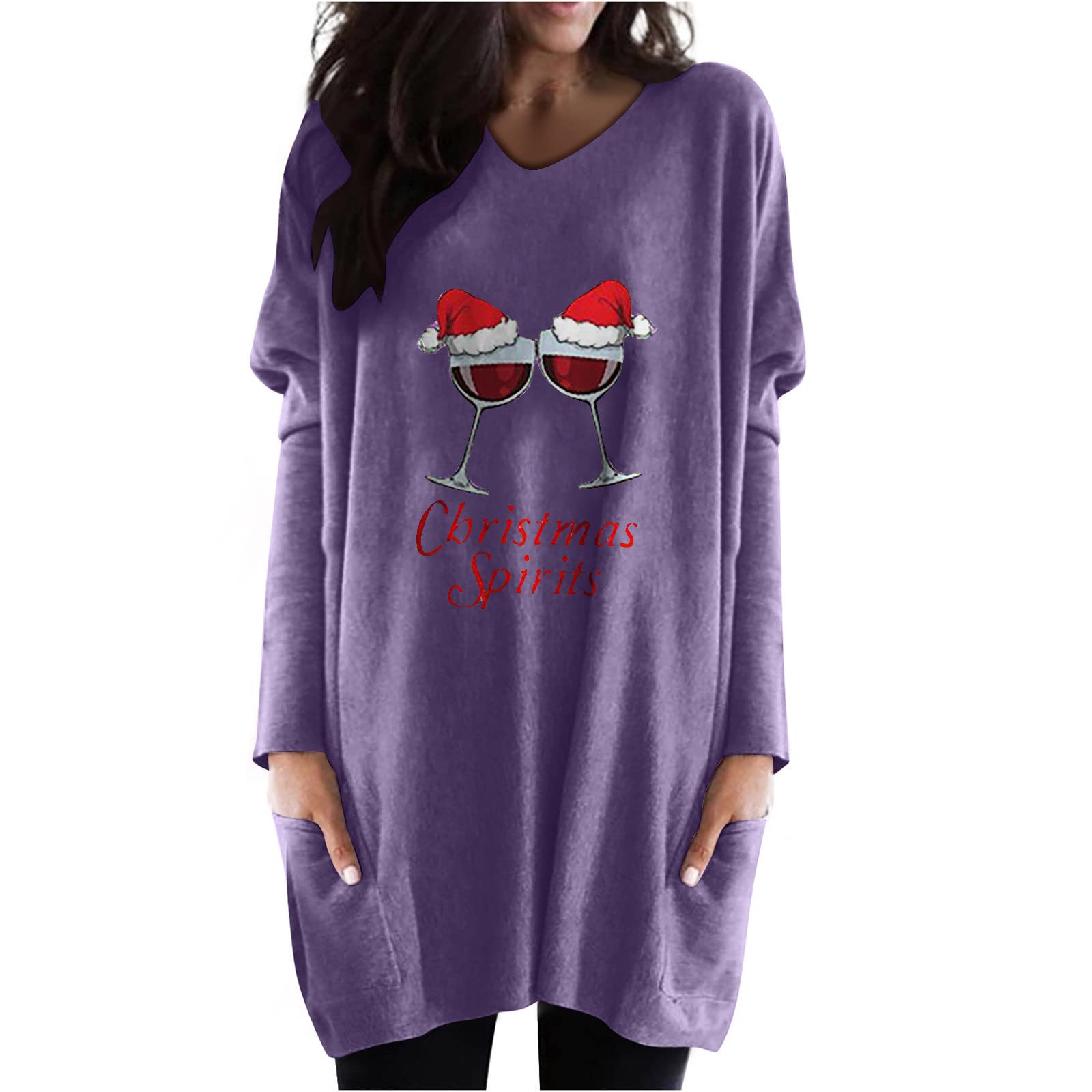 Women's Christmas Long Sleeve Shirt with Cute Elk Print & Pockets - Casual Flowy Blouse for Holiday Parties, Family Gatherings & Winter Outfits