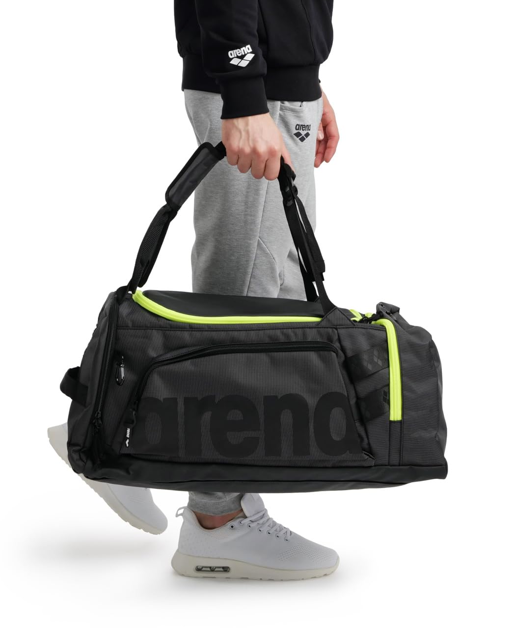 **ARENA Unisex Fast Multi-Functional Backpack - Duffle & Shoulder Bag for Gym, Sports, Travel - 55L Dark Smoke/Neon Yellow - Perfect for Athletes, Workout, Weekend Trips & Overnight Stays**