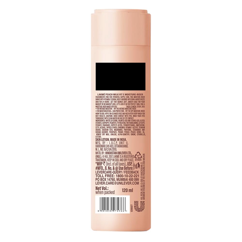 LAKMÉ Peach Milk Face Moisturizer 120ml - Vitamin C & E Enriched Daily Lightweight Moisturizing Lotion for Soft, Glowing Skin - Non-Greasy 24H Hydration - Perfect for Day & Night Skincare Routine