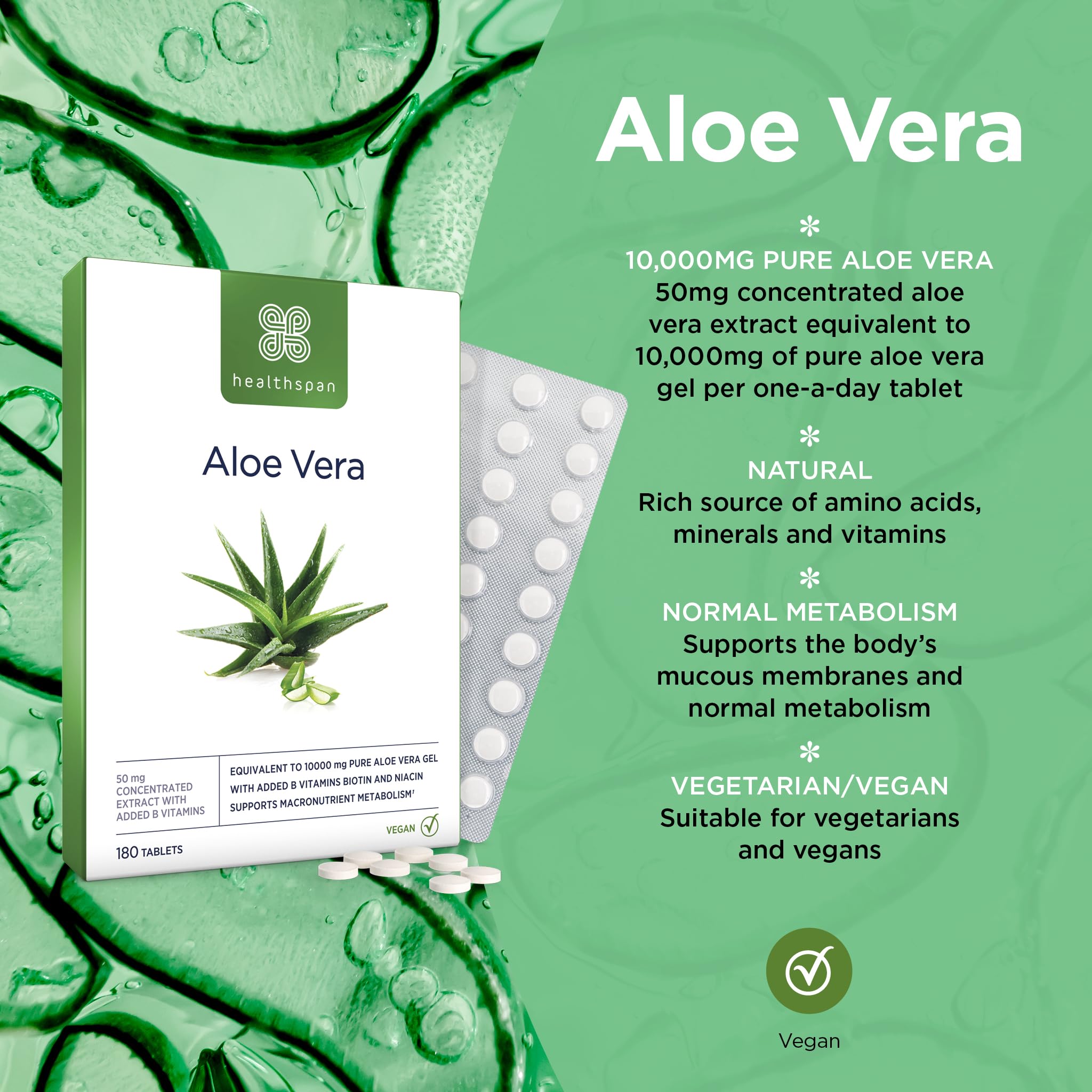 Healthspan Aloe Vera 10,000mg (180 Tablets) - Pure Aloe Vera Gel Supplement with B Vitamins for Metabolism & Immune Support | Vegan, Non-GMO | Perfect for Daily Wellness & Digestive Health