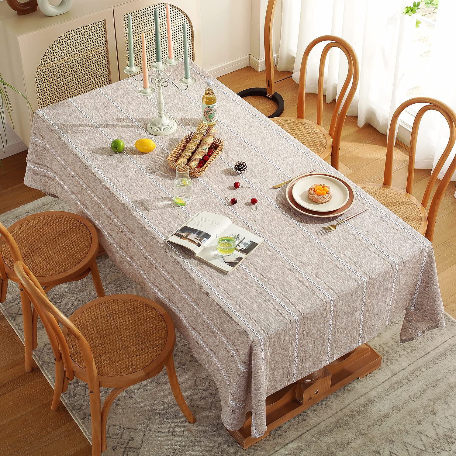 Farmhouse Style Linen Tablecloth 60x84 Inches - Wrinkle Resistant, Washable Rectangle Dining Table Cover in Light Coffee with Hemstitch Detail | Perfect for Rustic Weddings, Holiday Dinners & Farmhouse Decor