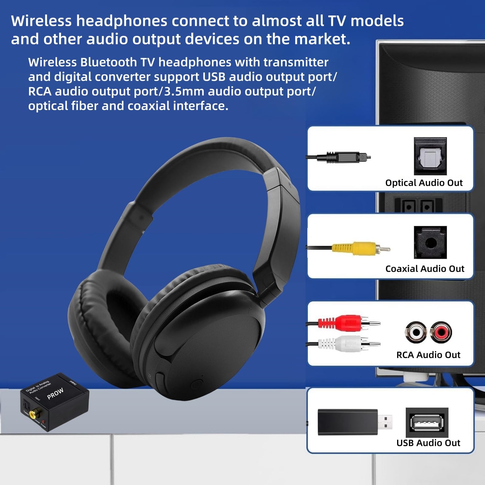 PROW Wireless TV Headphones with USB Transmitter | Bluetooth 5.3 Headset for Seniors & Elderly | No Audio Delay | 30H Battery Life | Comfortable Over-Ear Design | Perfect for Watching TV, Movies & Relaxing at Home