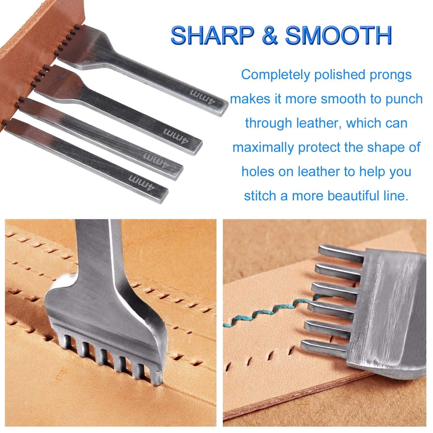 JONMON 4mm Diamond Hole Lacing Chisel Set - 1/2/4/6 Prong Leather Punch Tool with Rhombus Teeth for Leathercraft, DIY Stitching, Bag Making, Shoe Repair & Wallet Crafting - 4Pcs Leather Sewing Supplies