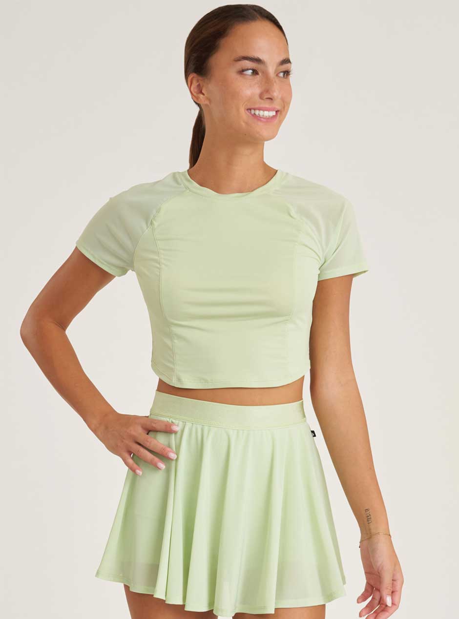 Thrive Société Women's Mesh Performance Cropped Tee - Breathable Workout Top for Yoga, Running & Gym in Matcha Green | Athletic Activewear for Women
