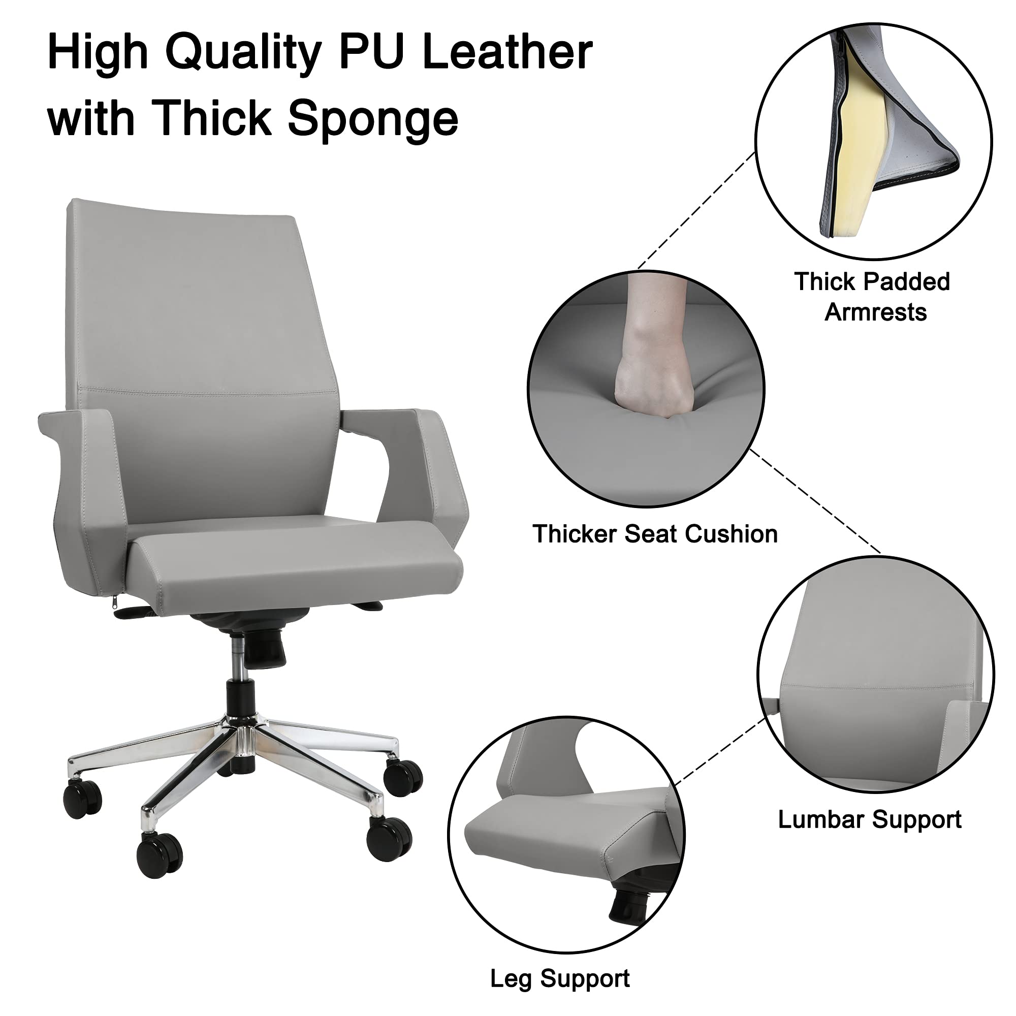 Premium Ergonomic Executive Office Chair - Adjustable Leather Desk Chair with Lumbar Support & Locking Mechanism - Grey Home Office Chair for Comfort & Productivity - Perfect for Professionals, Remote Work & Long Hours