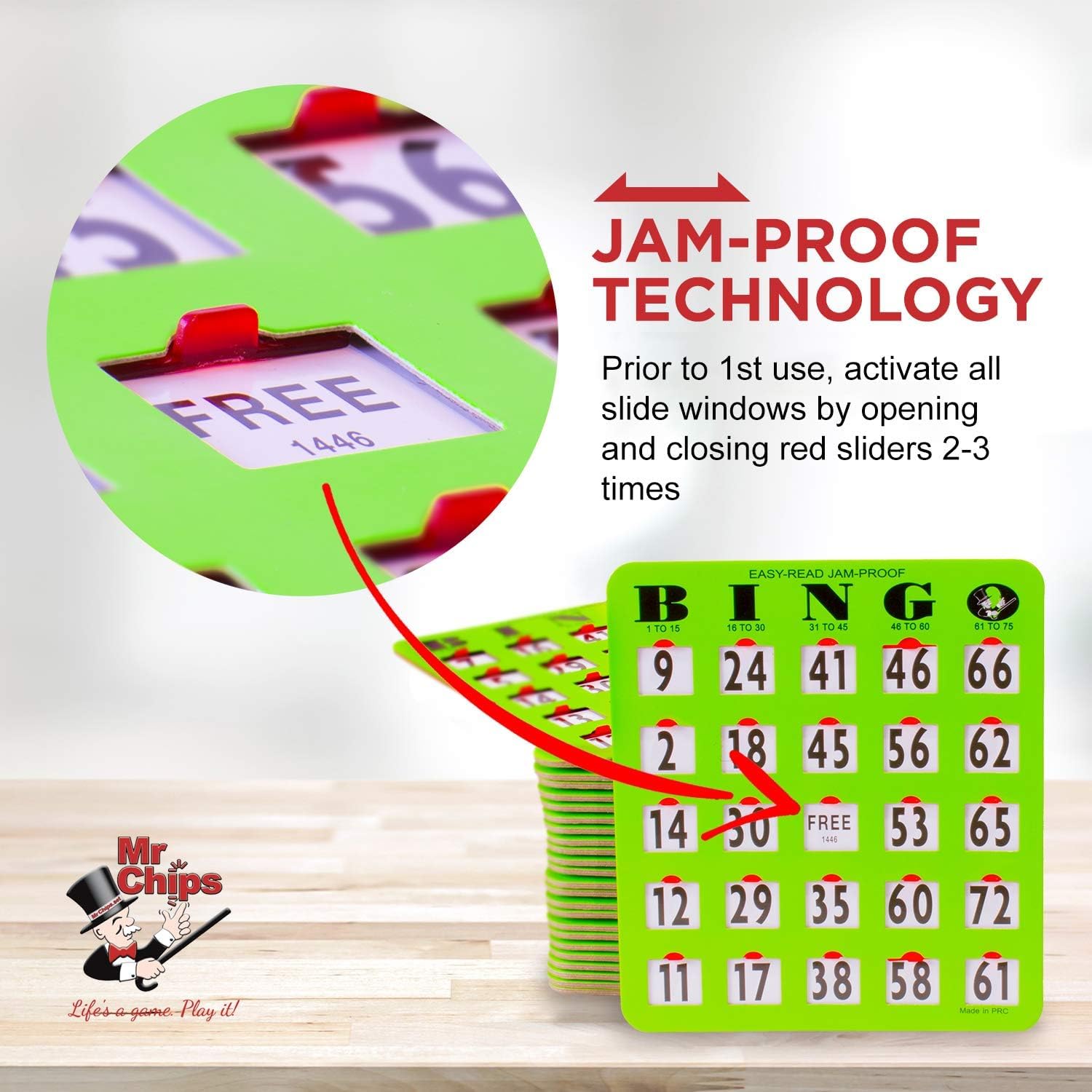 MR CHIPS Jam-Proof Bingo Cards with Sliding Windows - 50 Reusable Shutter Cards, 75 Calling Cards & 1 Master Board (Green) - Perfect for Family Game Nights, Bingo Parties & Classroom Activities