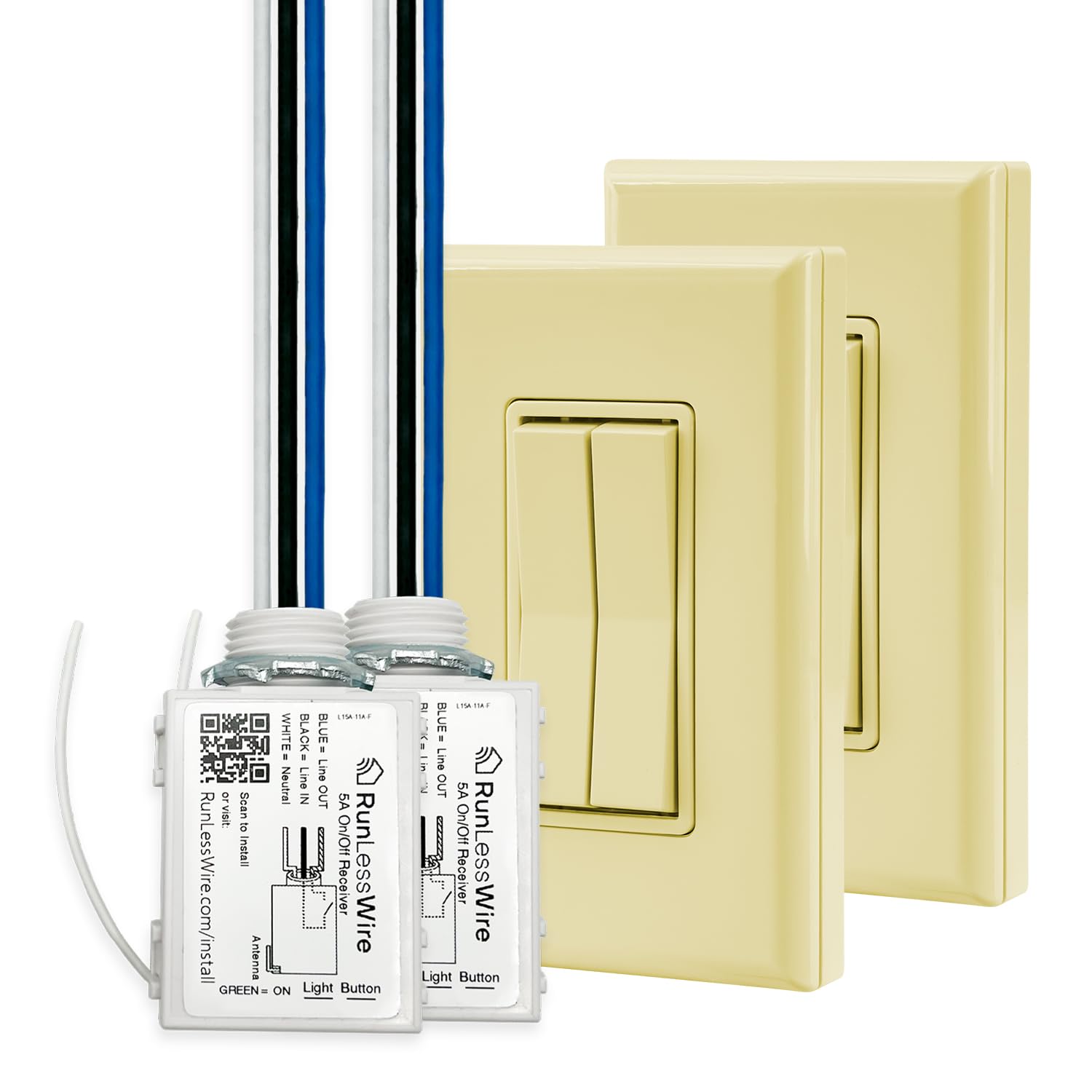RunLessWire 3-Way Fan & Light Remote Control Switch Kit - Wireless, Battery-Free, Self-Powered Kinetic Wall Switch - 150+ ft RF Range - Includes 2 On/Off Receivers & 2 Double Switches - Ivory - Perfect for Bedroom, Living Room & Home Automation