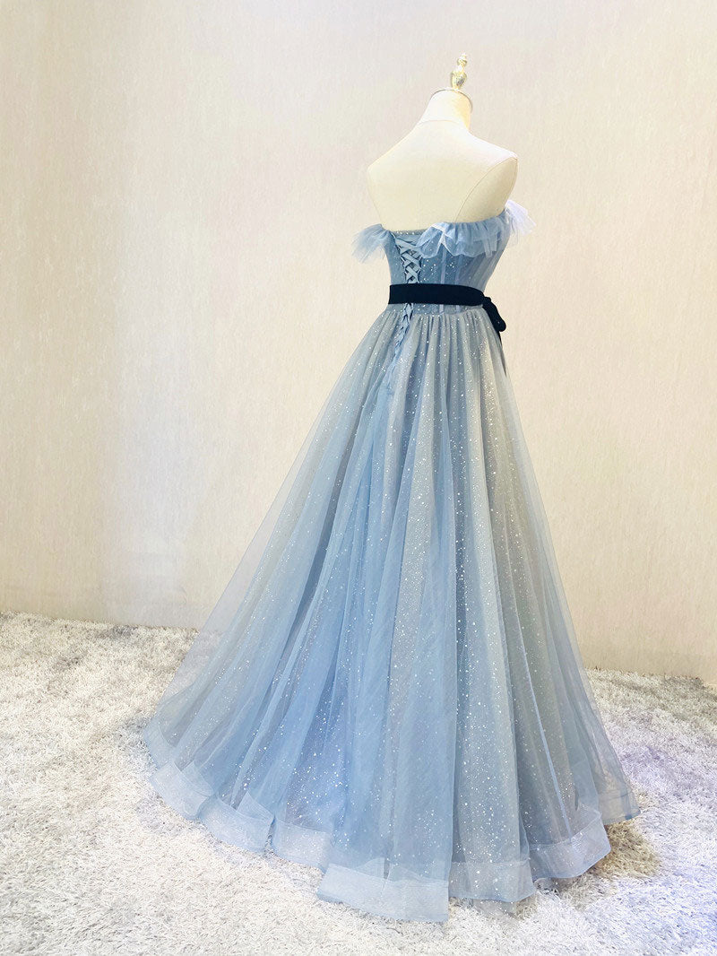 Elegant Blue Tulle Sequin Long Prom Dress for Women - Formal Evening Gown for Homecoming, Ball, Quinceañera & Special Occasions