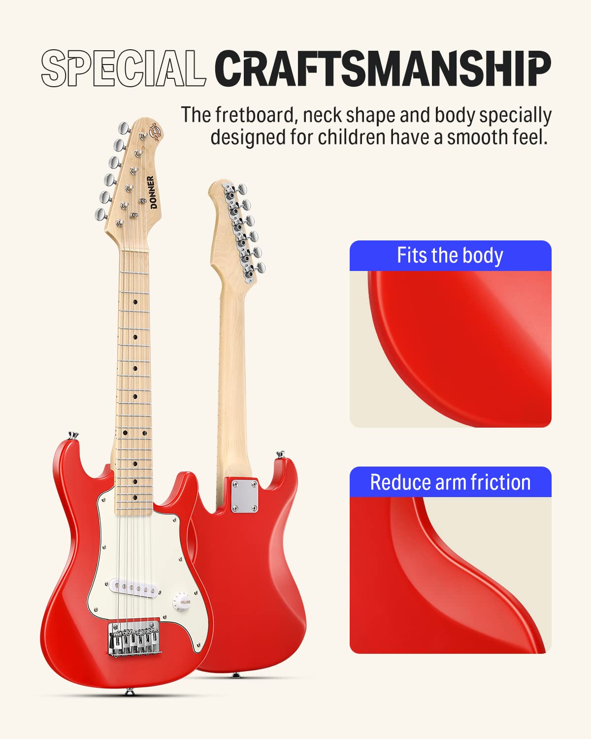 Donner 30 Inch Kids Electric Guitar Beginner Kit - ST Style Mini Electric Guitar for Boys & Girls with Amp, 600D Gig Bag, Digital Tuner, Picks, Cable, Strap & Extra Strings (DSJ-100, Red) - Perfect for Home Practice, Music Lessons & Rockstar Performances