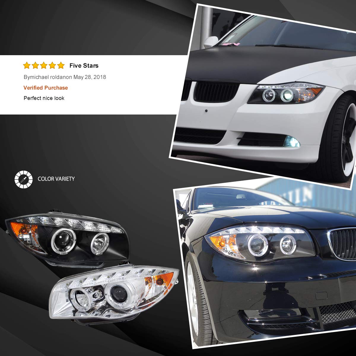 AUTOZENSATION BMW E81 E82 E88 Headlights Assembly (2008-2013) - Left & Right Pair Halo Black Projector Headlights for Improved Night Visibility & Style Upgrade