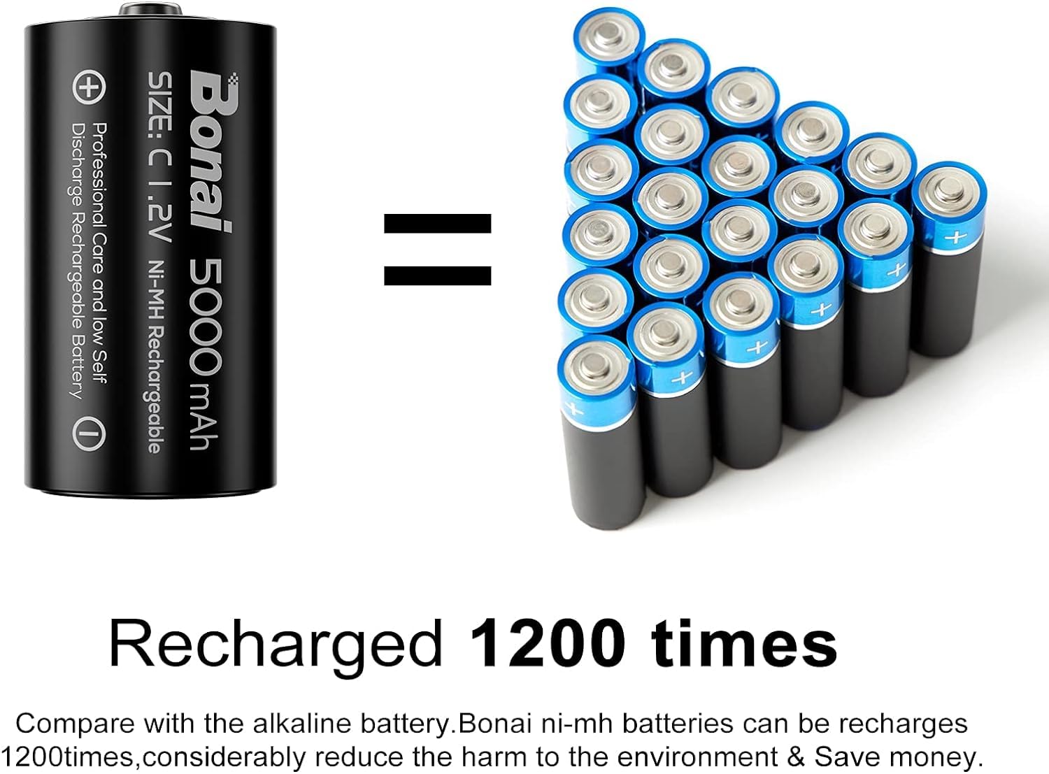 BONAI Rechargeable C Batteries 4 Pack - 5000mAh 1.2V Ni-MH High Capacity C Size Batteries for Flashlights, Toys, Radios & Emergency Devices - Long Lasting Power Supply
