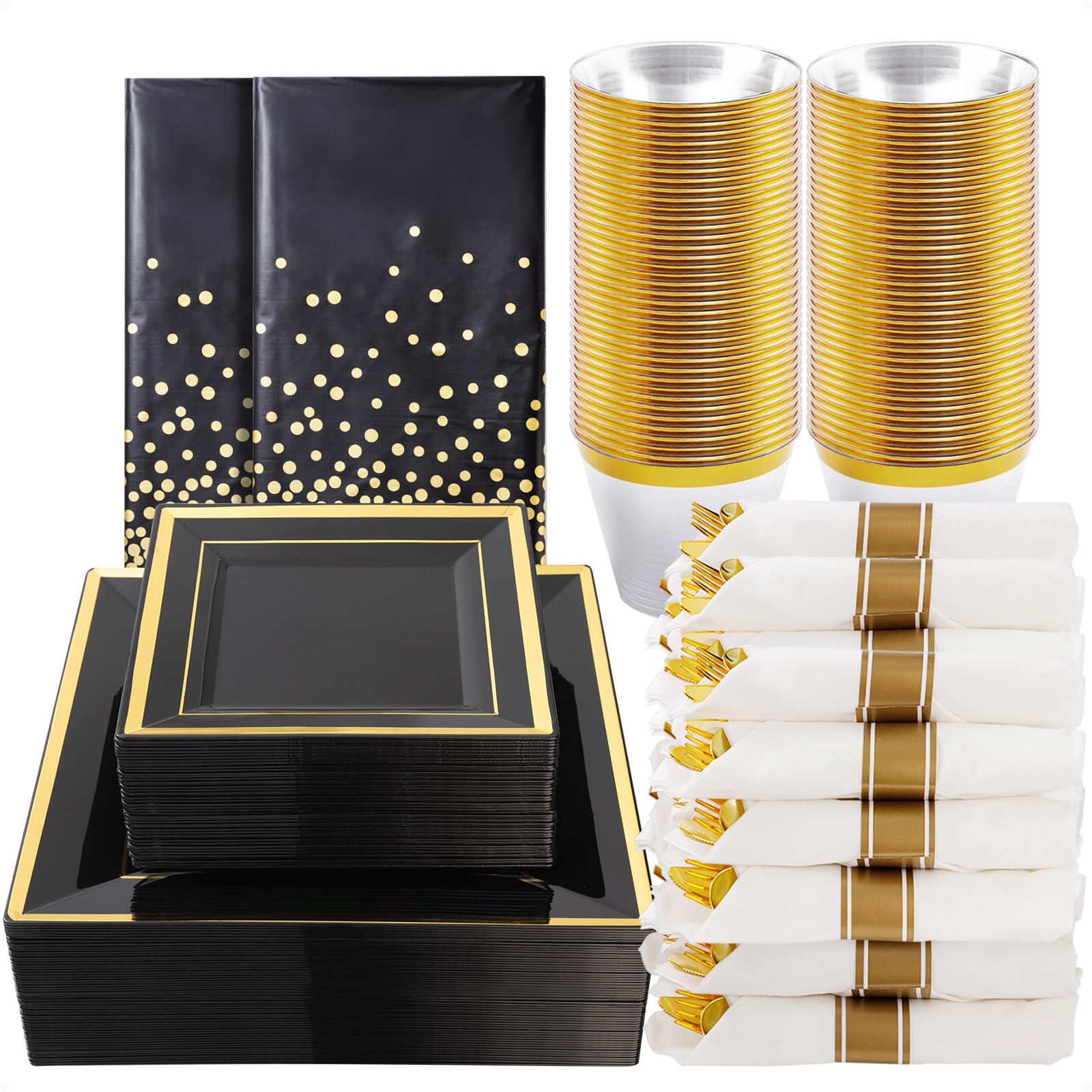 Goodluck 352-Piece Black Square Plastic Dinnerware Set with Gold Trim - Includes 100 Plates, 50 Cups, 50 Cutlery Sets, 50 Rolled Napkins & 2 Tablecloths - Perfect for Weddings, Parties, Catering & Large Gatherings (Serves 50 Guests)