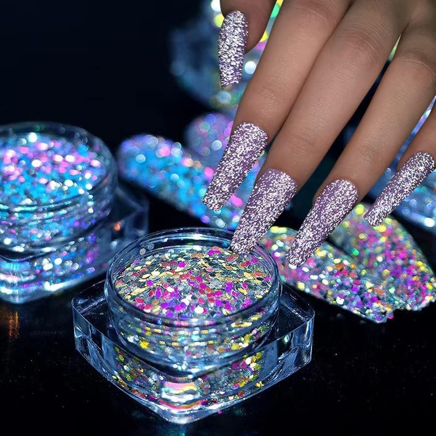 Holographic Nail Glitter Powder - Diamond Reflective Nail Art Glitter for Women & Girls - Shiny Silver, Blue, Purple, Gold Pigment - Perfect for Manicures, Nail Art Designs & Party Nail Decorations