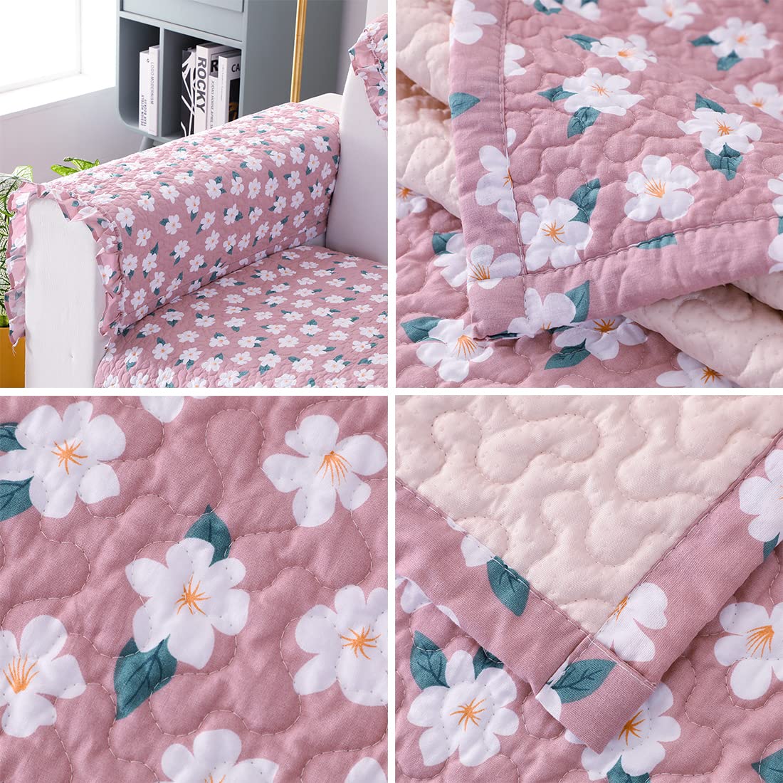 Boho Floral Printed Cotton Sofa Covers with Ruffles - Non-Slip Sectional Couch Cover, Super Soft & Comfy Furniture Protector for Living Room (Pink, 28